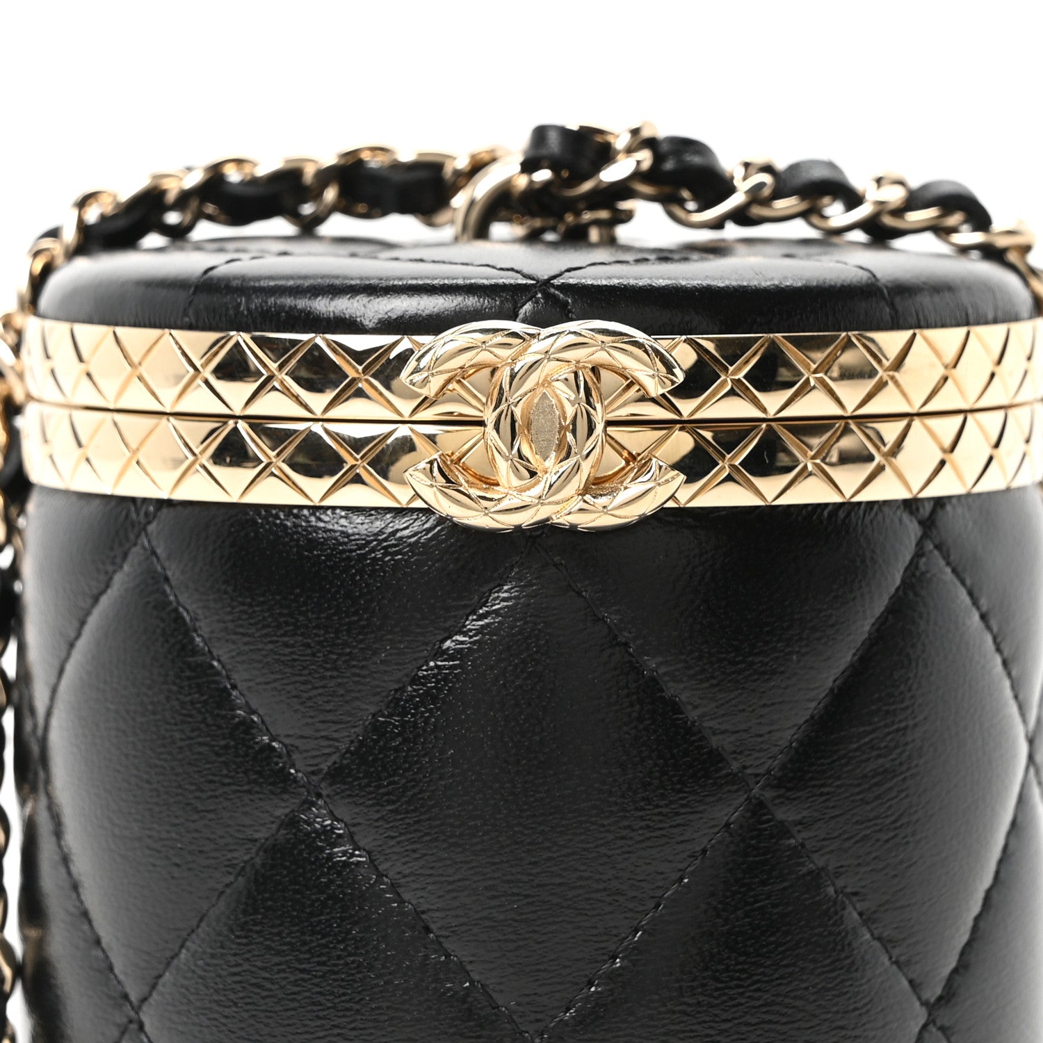 Metal Lambskin Quilted Mini Lock Frame Vanity Clutch Black