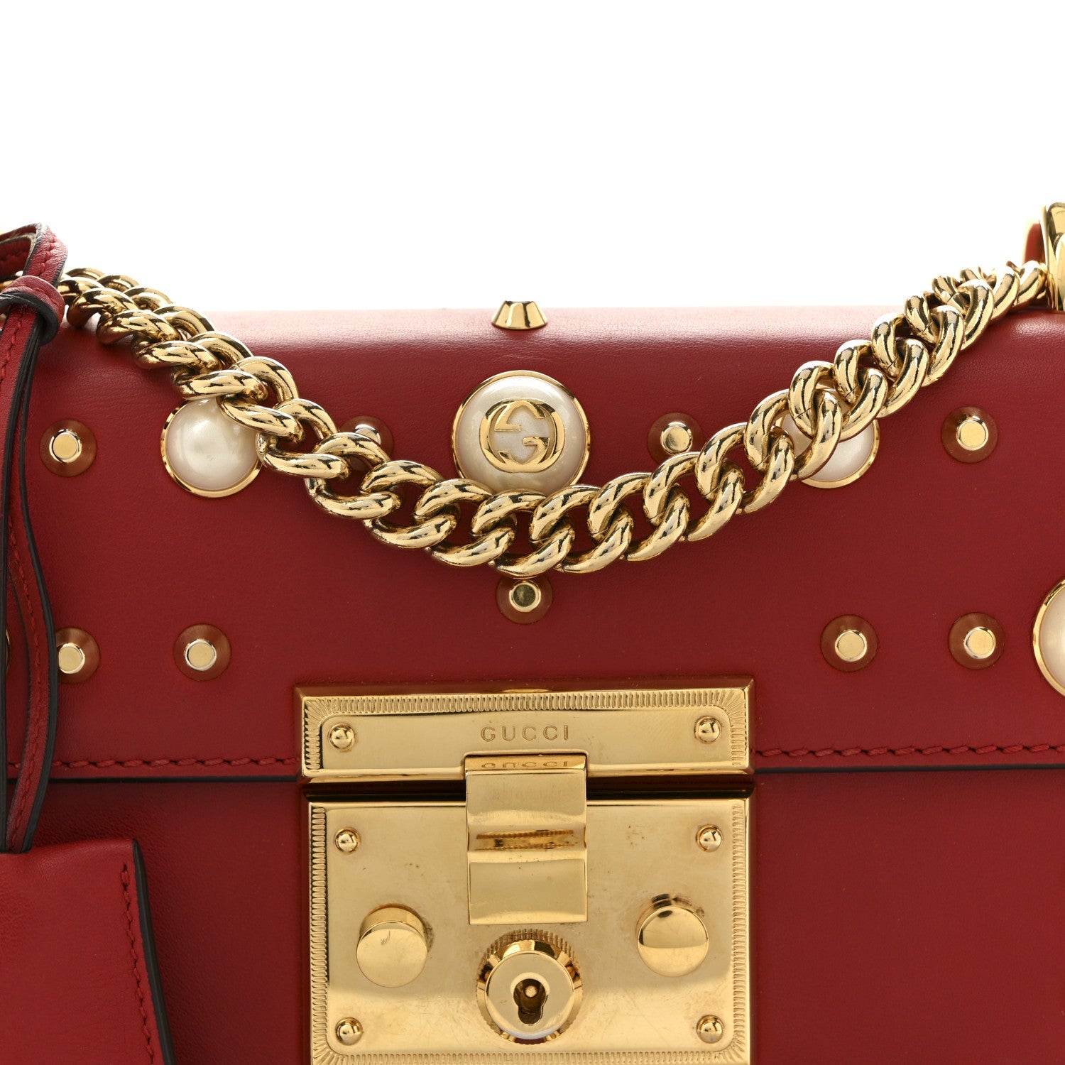Calfskin Studded Small Padlock Shoulder Bag Hibiscus Red
