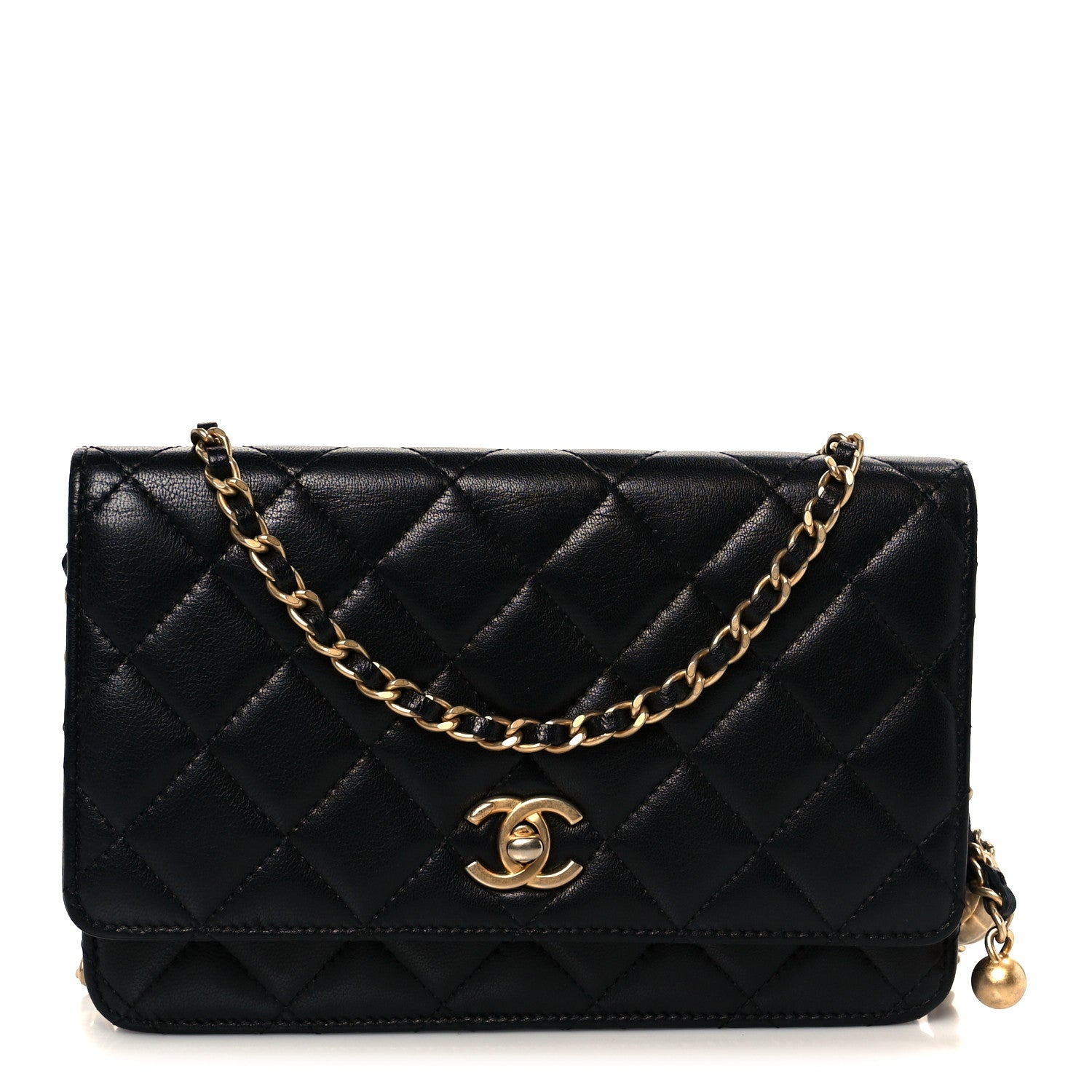 Lambskin Quilted CC Pearl Crush Wallet on Chain WOC Black