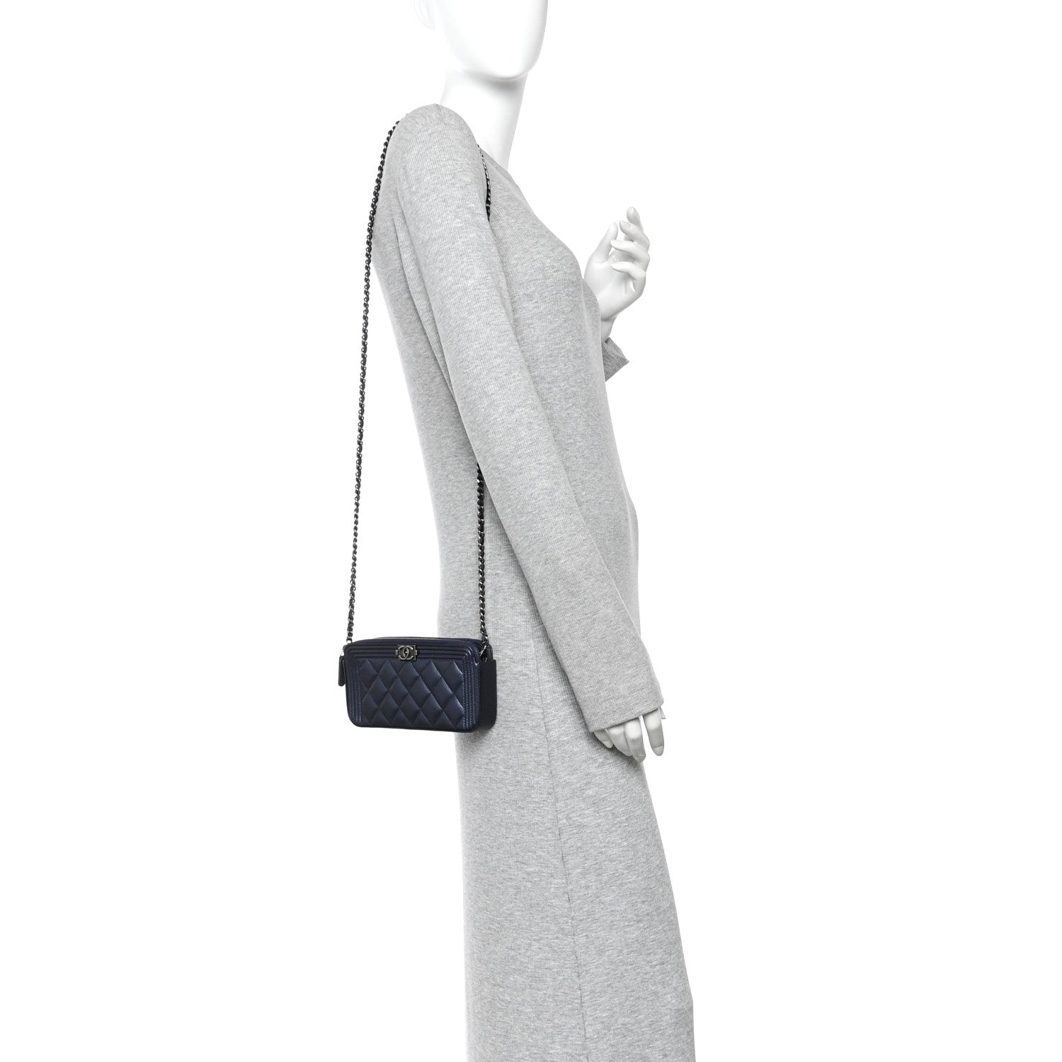 Metallic Caviar Quilted Small Boy Clutch With Chain Navy