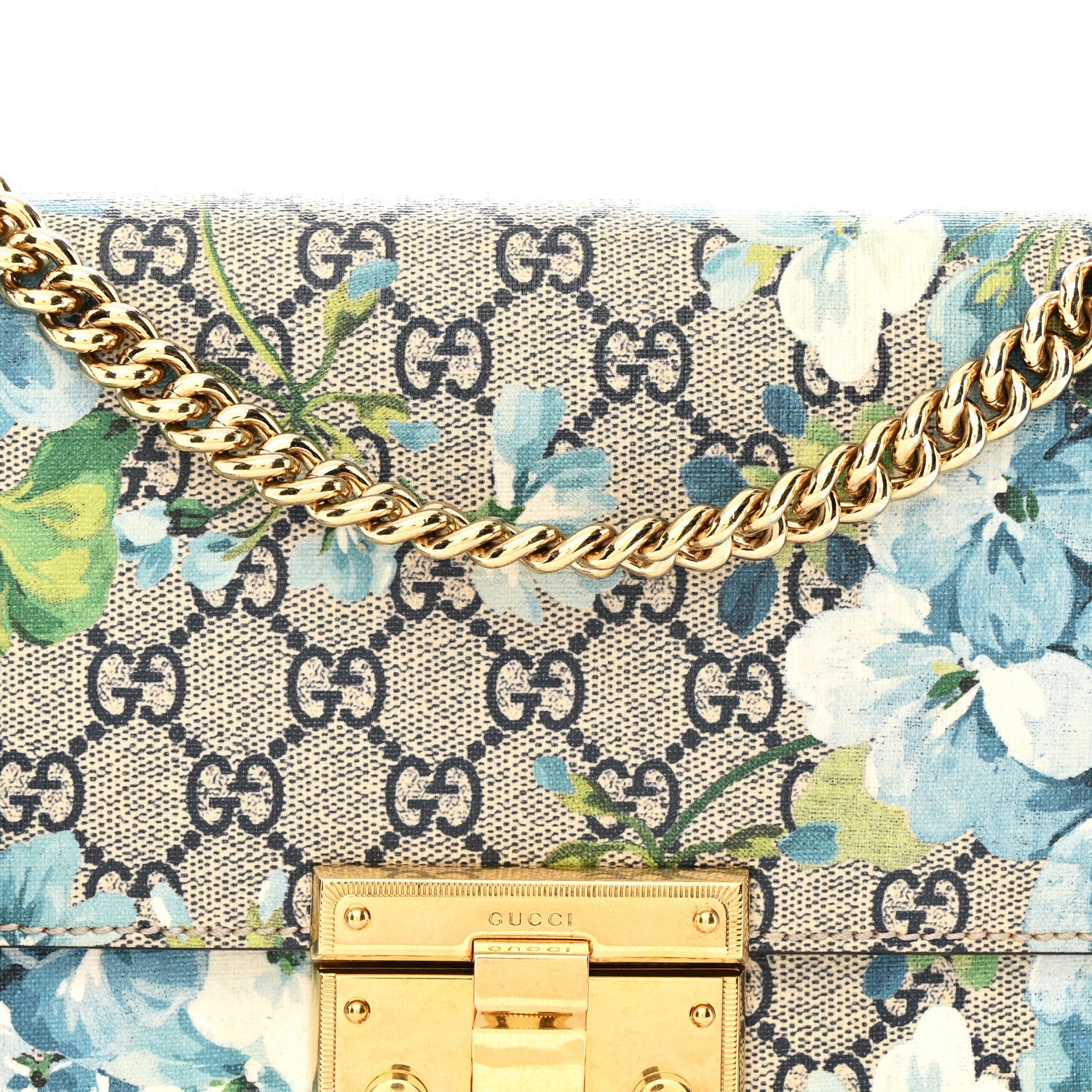 GG Supreme Monogram Blooms Medium Padlock Shoulder Bag Beige Blue Navy Hibiscus Red