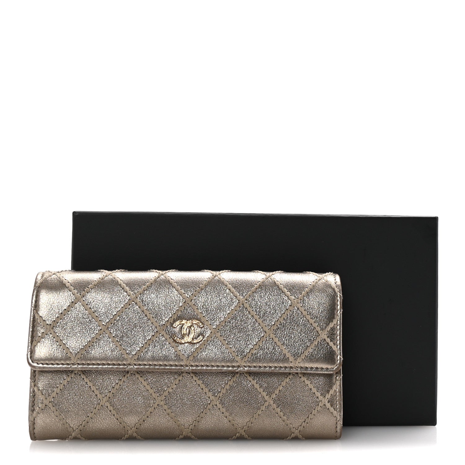 Metallic Lambskin Quilted Stitch Large Gusset Flap Wallet Gold