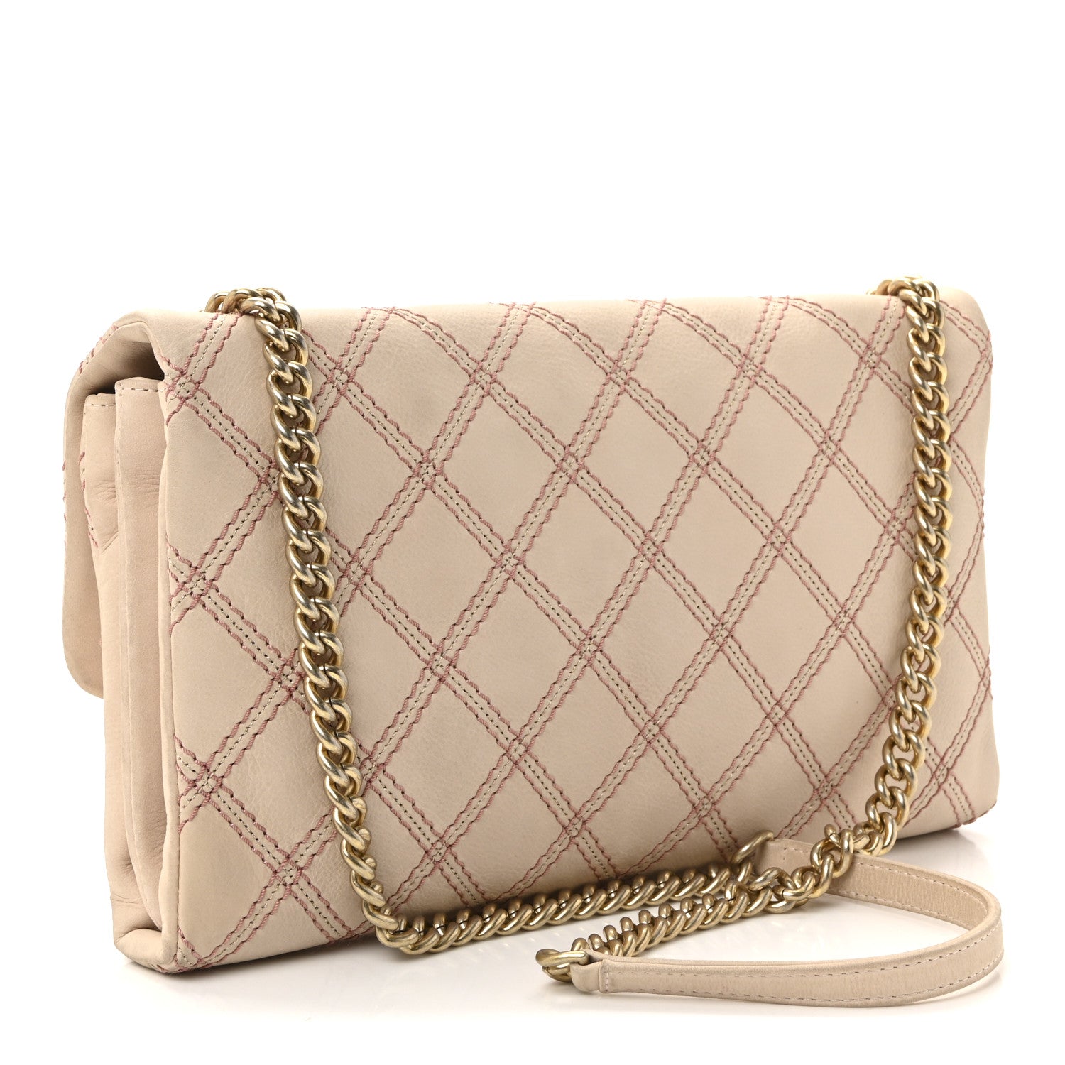 Calfskin Triple Stitch Medium Flap Pink