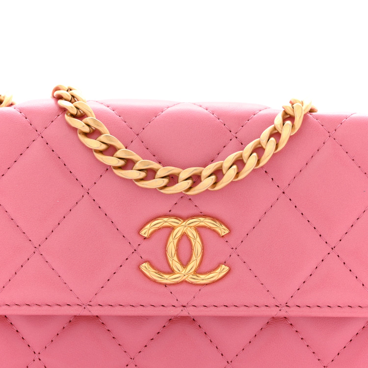 Lambskin Quilted Pillow Crush Flap Phone Holder With Chain Pink