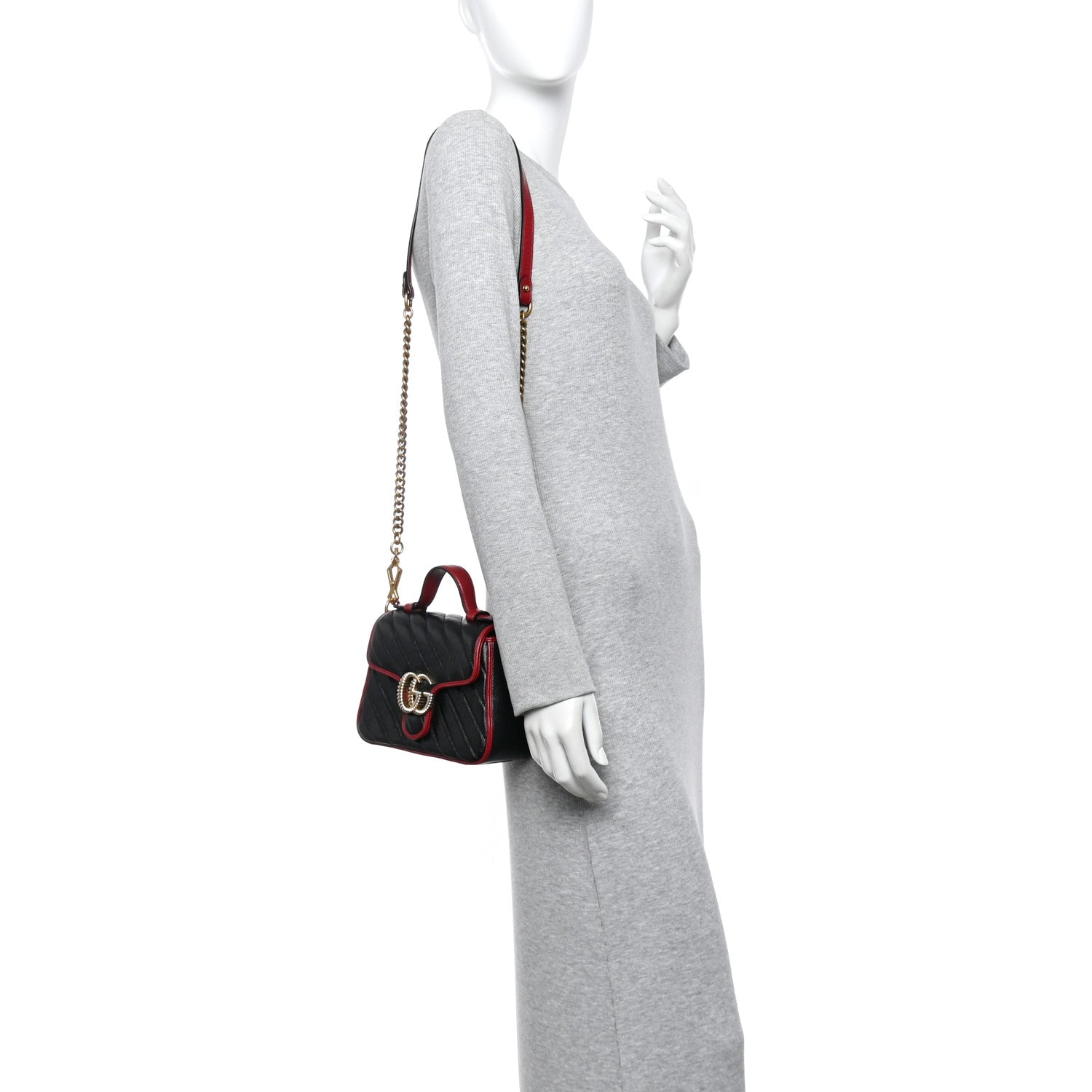 Vintage Effect Calfskin Matelasse Diagonal Mini Torchon GG Marmont Top Handle Shoulder Bag Black Romantic Cherry