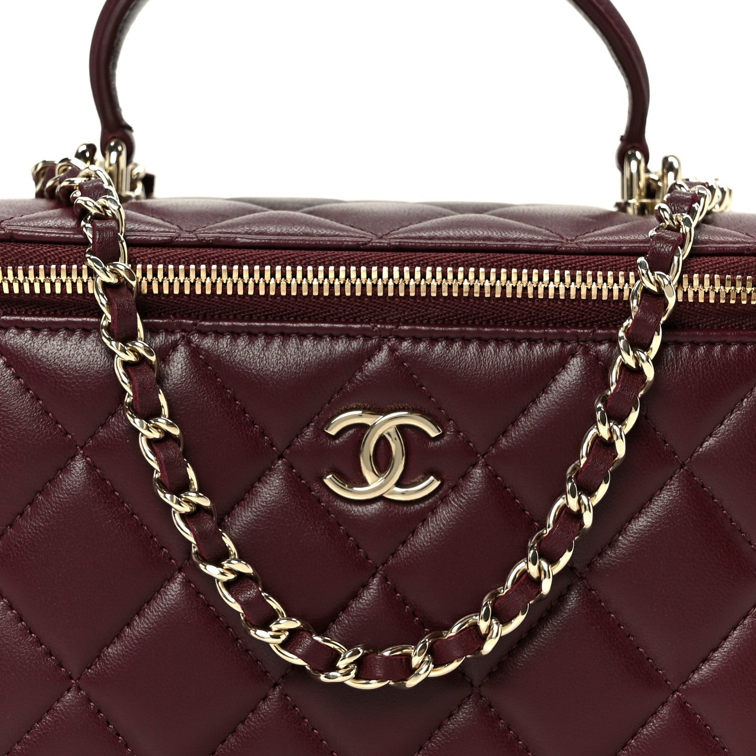 Lambskin Quilted Small Top Handle Vanity Case With Chain Burgundy