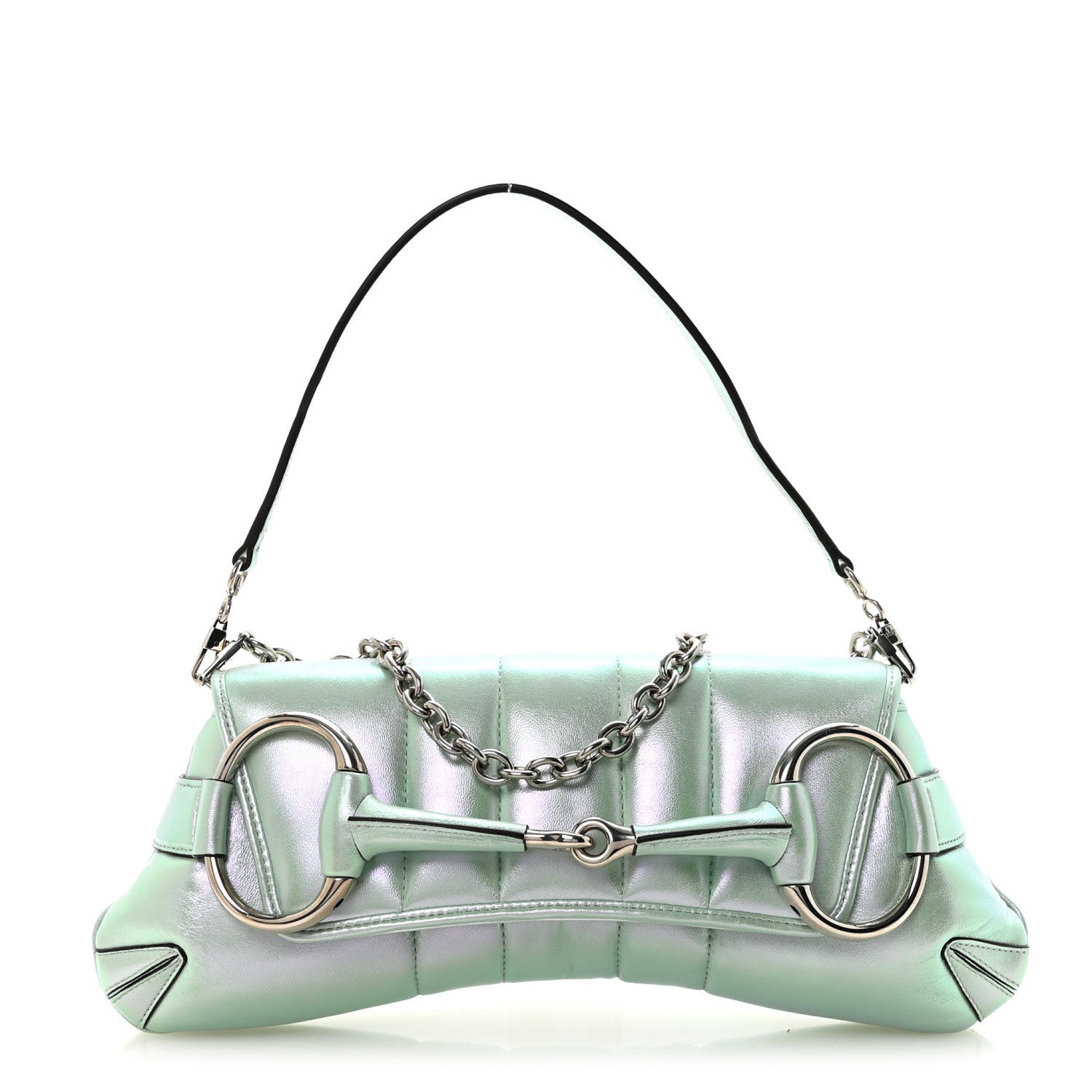 Iridescent Nappa Vertical Matelasse Medium Maxi Horsebit Chain Shoulder Bag Iridescent Salvy Green