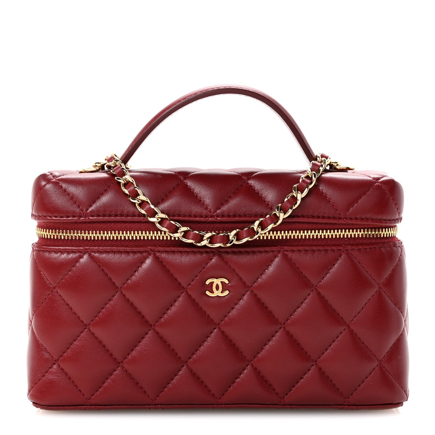 Lambskin Quilted Top Handle Slim Vanity With Chain Burgundy