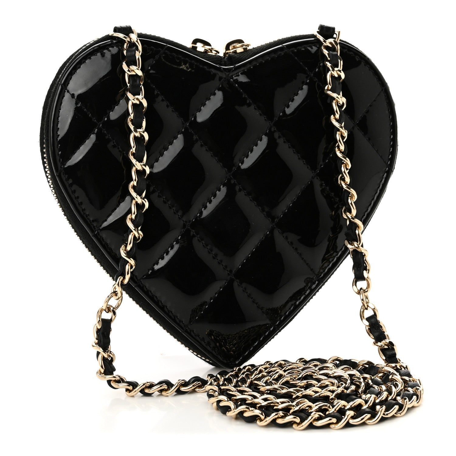 Patent Calfskin Resin Quilted CC Heart Clutch With Chain Black