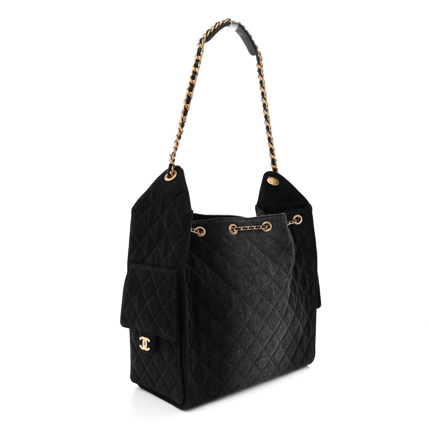 Washed Denim Quilted Medium Chanel 25 Handbag Black