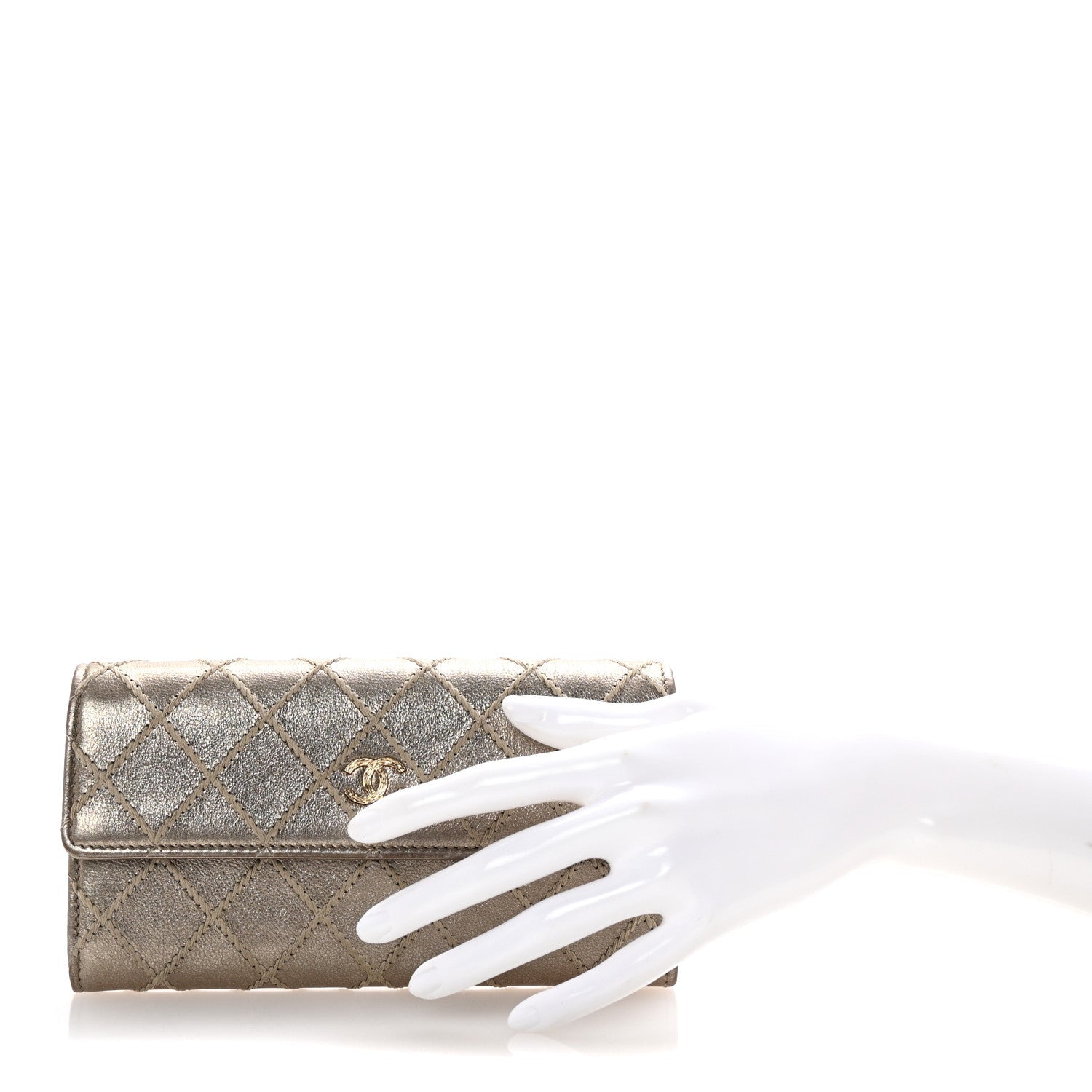 Metallic Lambskin Quilted Stitch Large Gusset Flap Wallet Gold