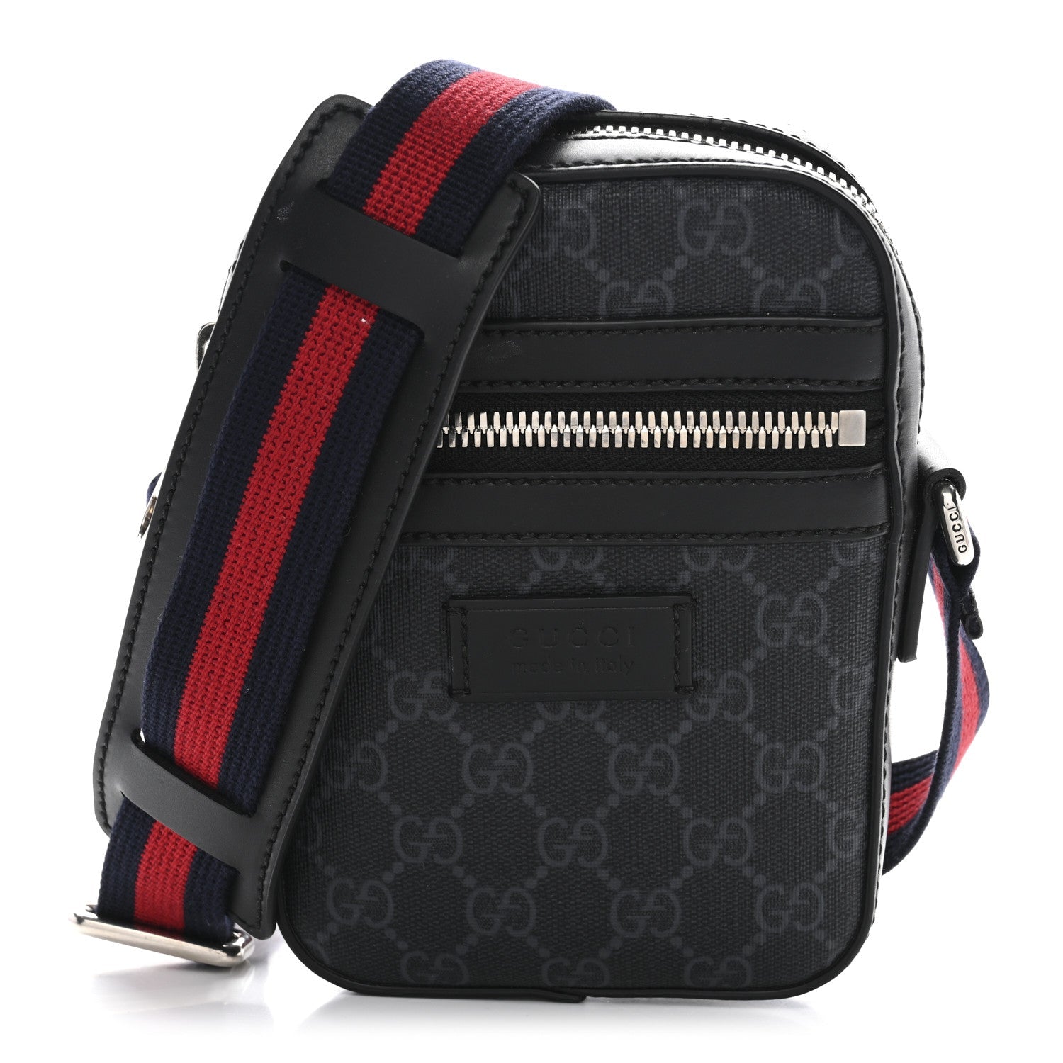 GG Supreme Monogram Appia Calfskin Web Small Camera Messenger Bag Black Grey