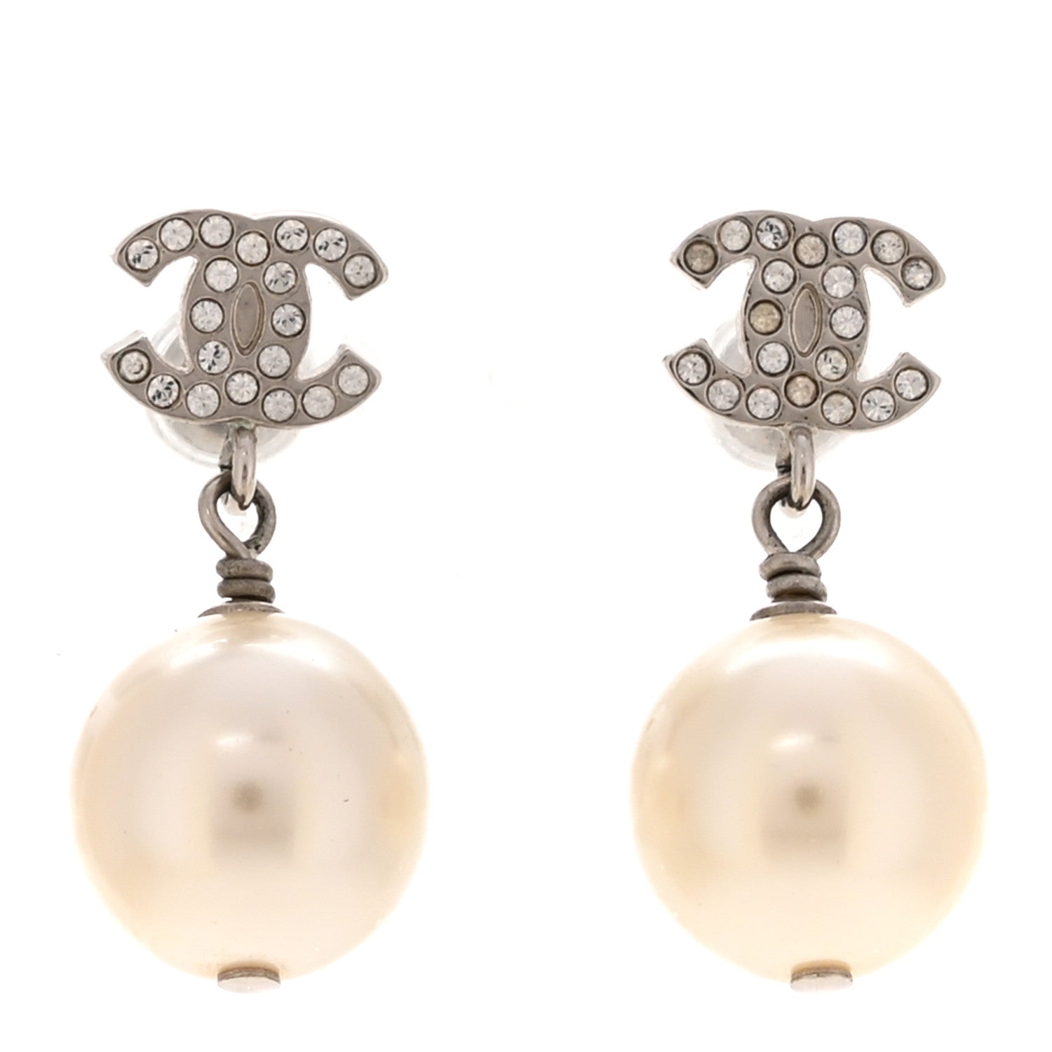 Crystal Pearl CC Drop Earrings Silver Pearly White