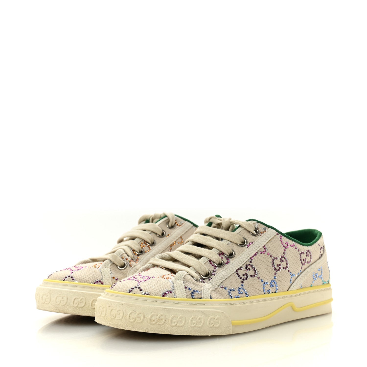 Canvas Lame Crystal GG Monogram Womens 1977 Tennis Sneakers 36 Gardenia Silver Mystic White