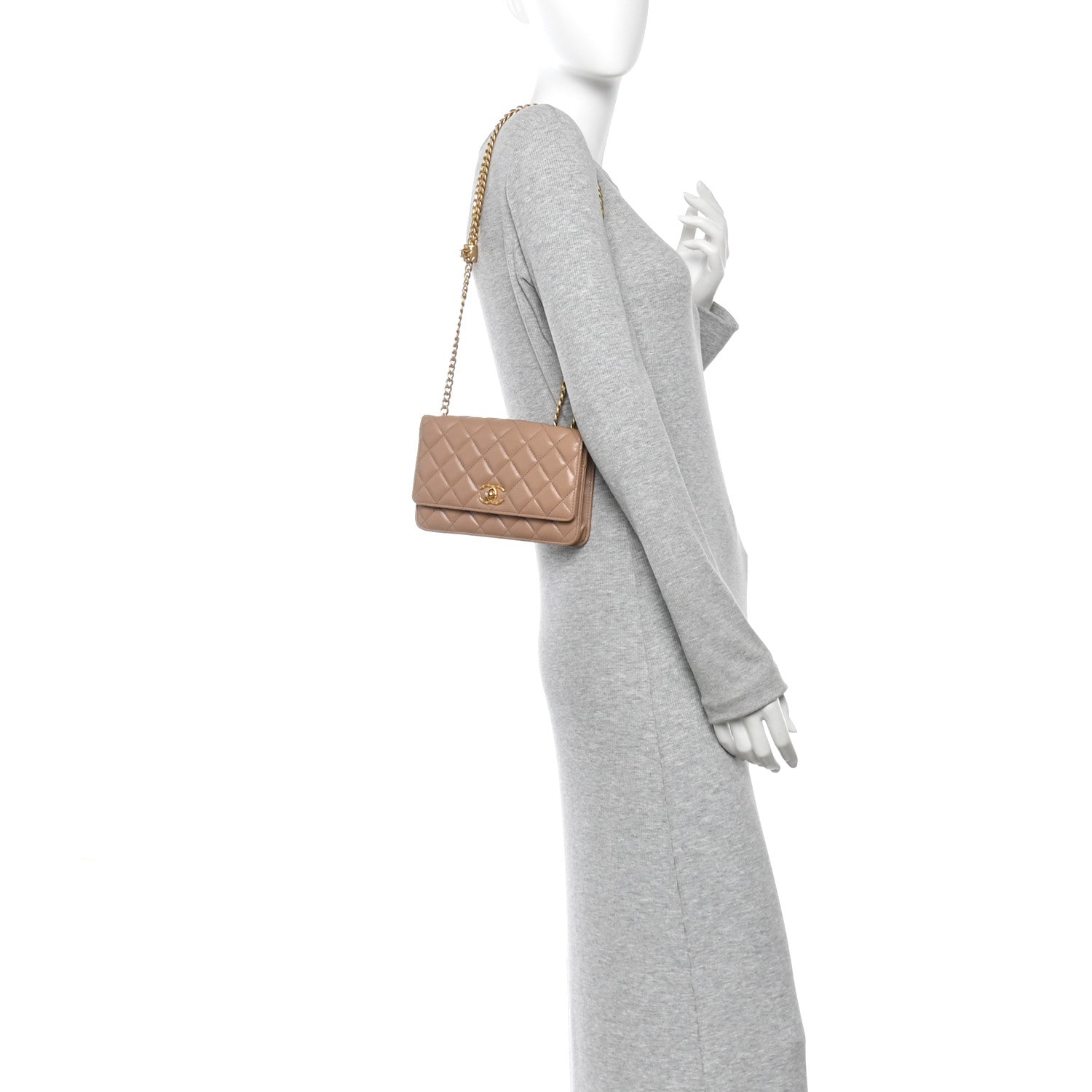 Calfskin Quilted Perfect Fit Wallet On Chain WOC Beige