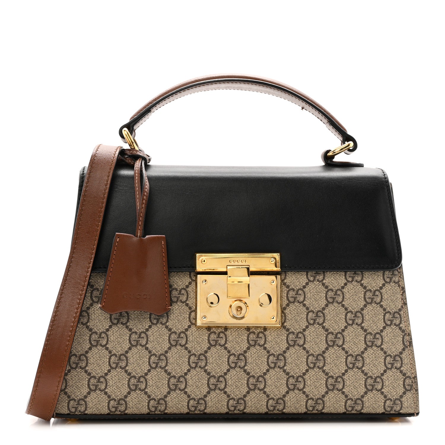 GG Supreme Monogram Calfskin Small Padlock Top Handle Bag Beige Black Cuir