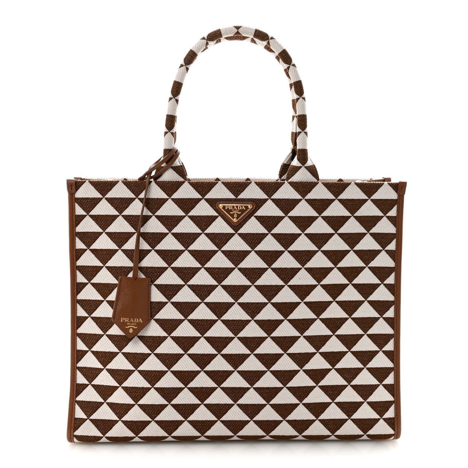 Jacquard Saffiano Triangolo Symbole Embroidered Large Tote Tobacco Talco