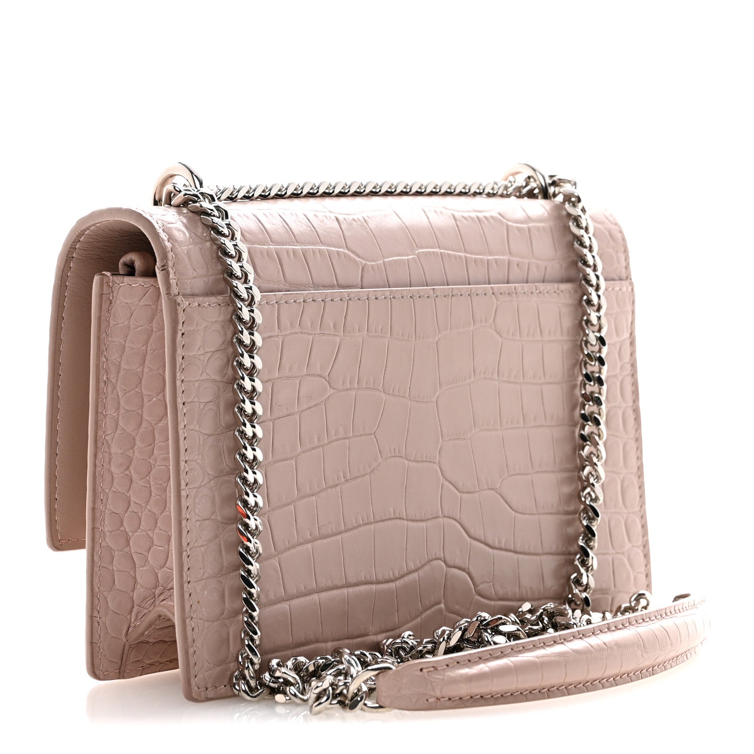 Calfskin Crocodile Embossed Monogram Sunset Chain Wallet Soft Nude