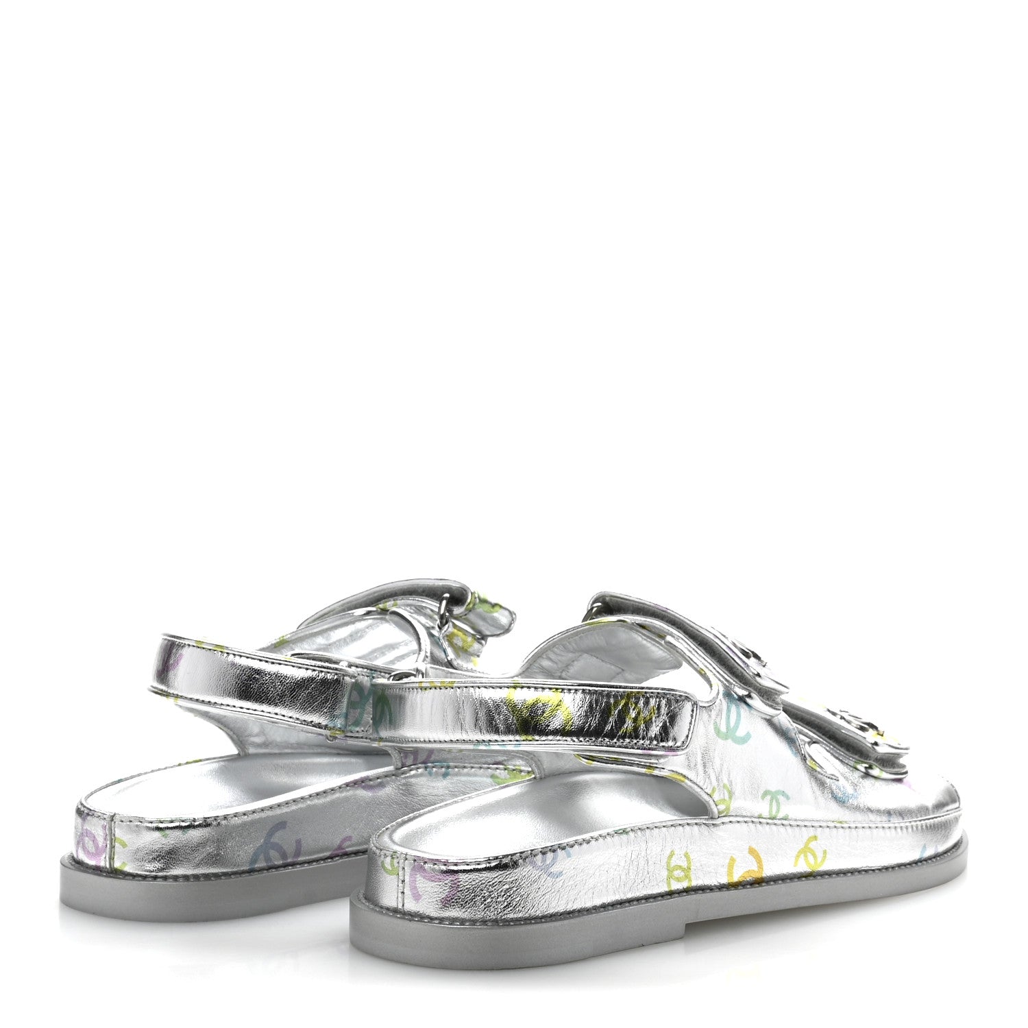 Laminated Lambskin Printed CC Dad Sandals 40 Silver Multicolor