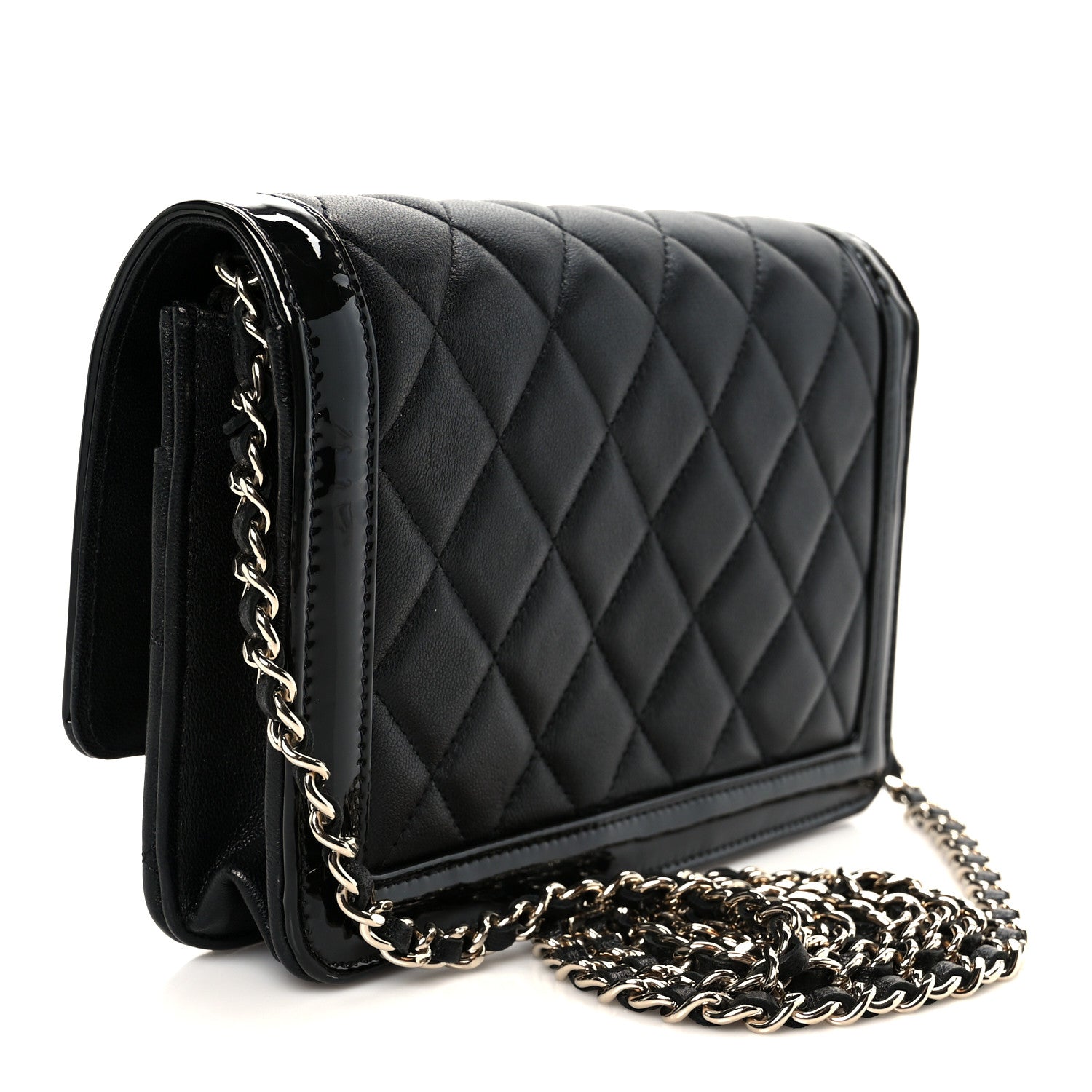 Lambskin Patent Calfskin Quilted Hold The Line CC Wallet On Chain WOC Black