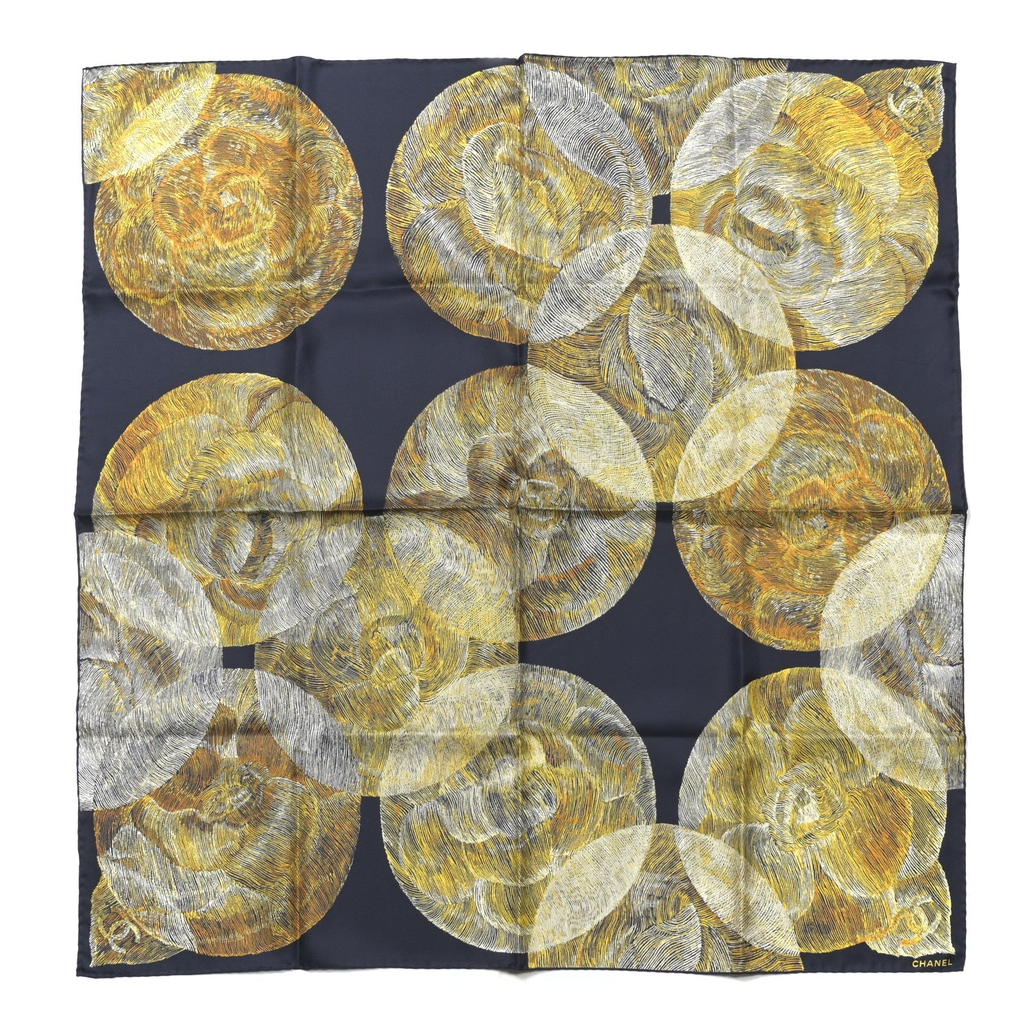 Silk Camellia Moons Scarf Navy Yellow