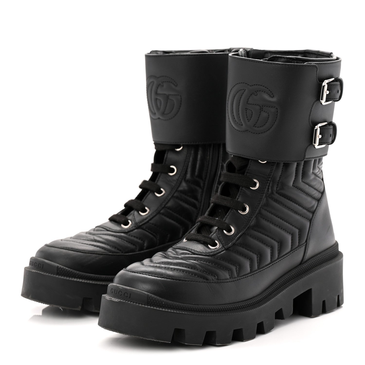Nappa Frances GG Matelasse Platform Combat Boots 36 Black