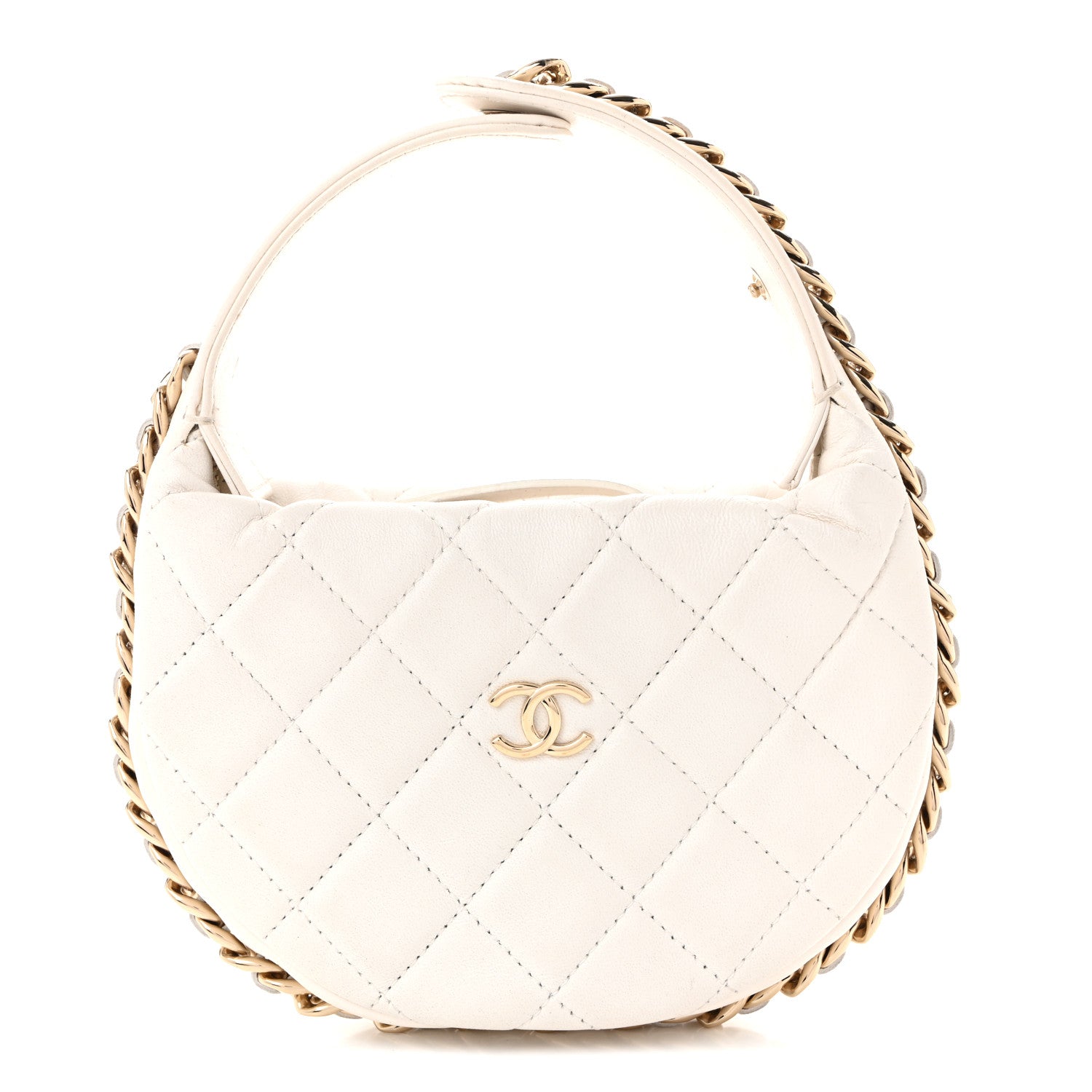 Lambskin Quilted Chain Around Pouch Hobo White