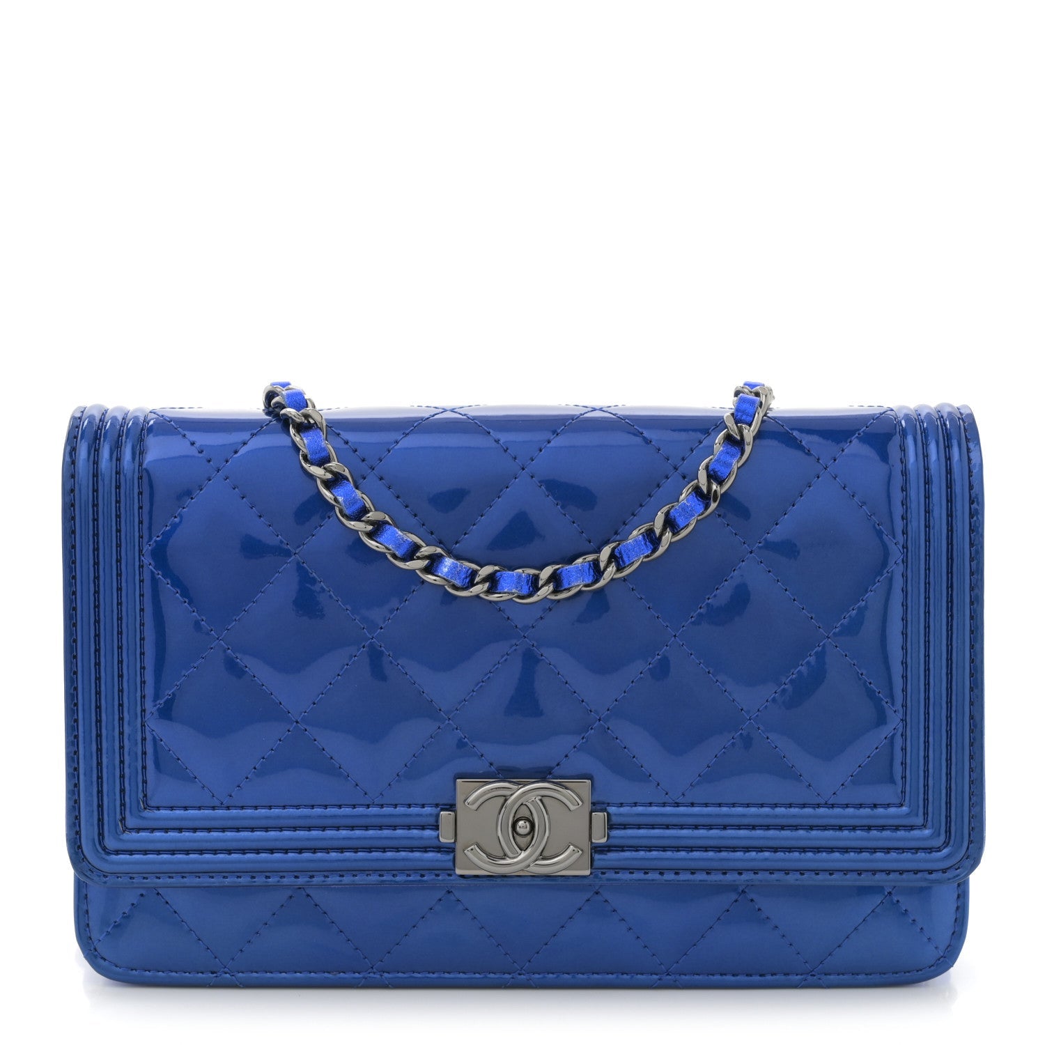 Metallic Patent Calfskin Quilted Boy Wallet on Chain WOC Blue