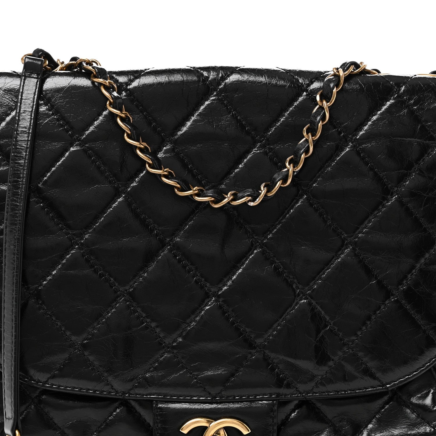 Glazed Calfskin Quilted Medium Bubble CC Flap Black