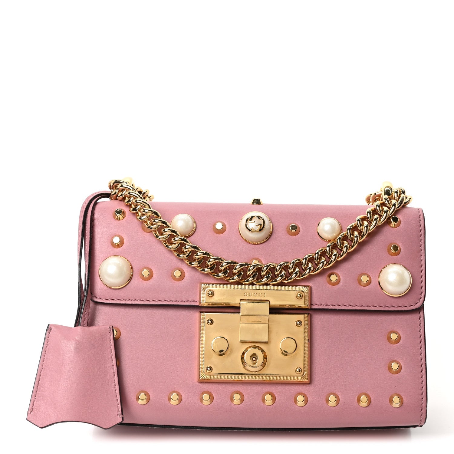 Calfskin Studded Small Padlock Shoulder Bag Carmine Rose