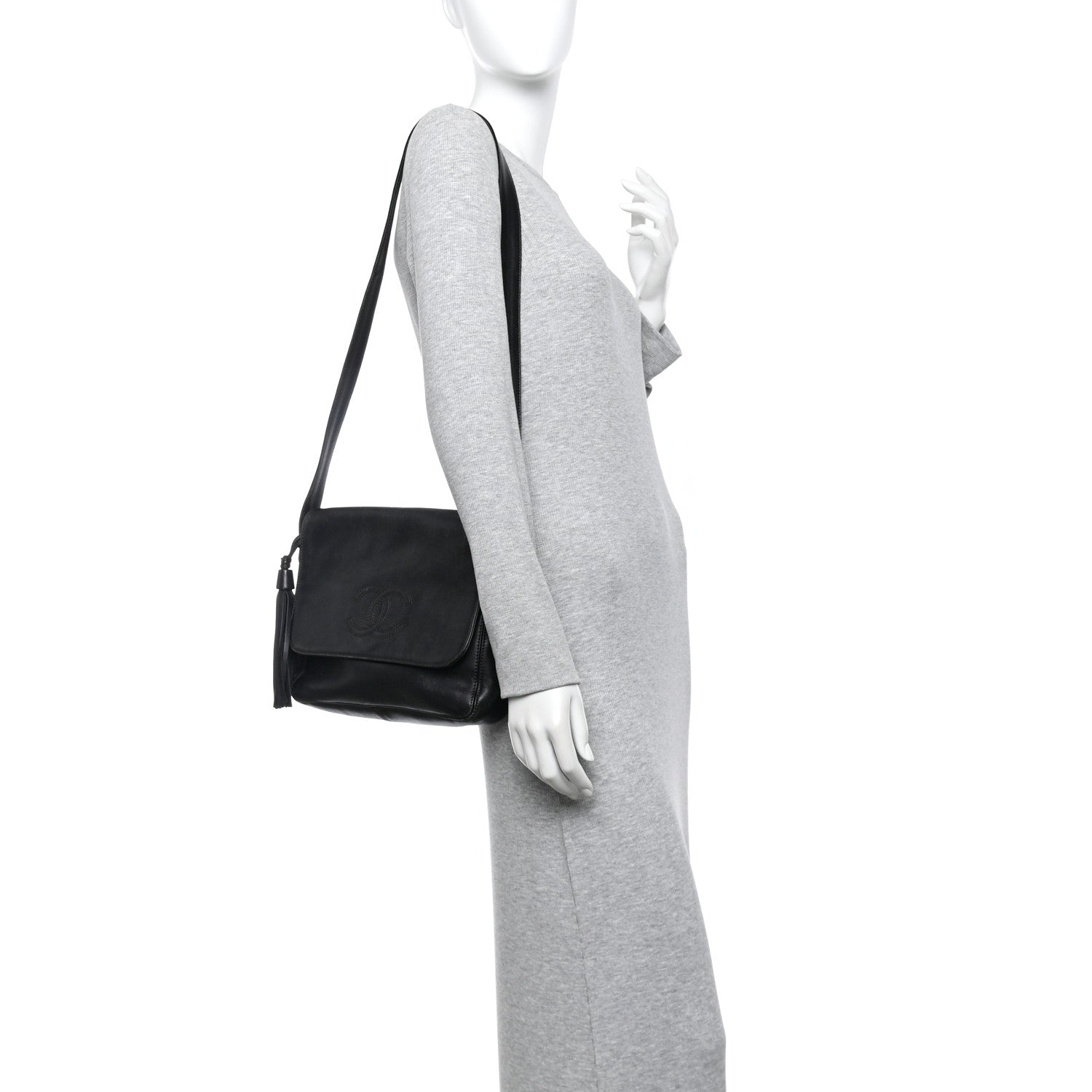 Lambskin CC Tassel Shoulder Flap Bag Black