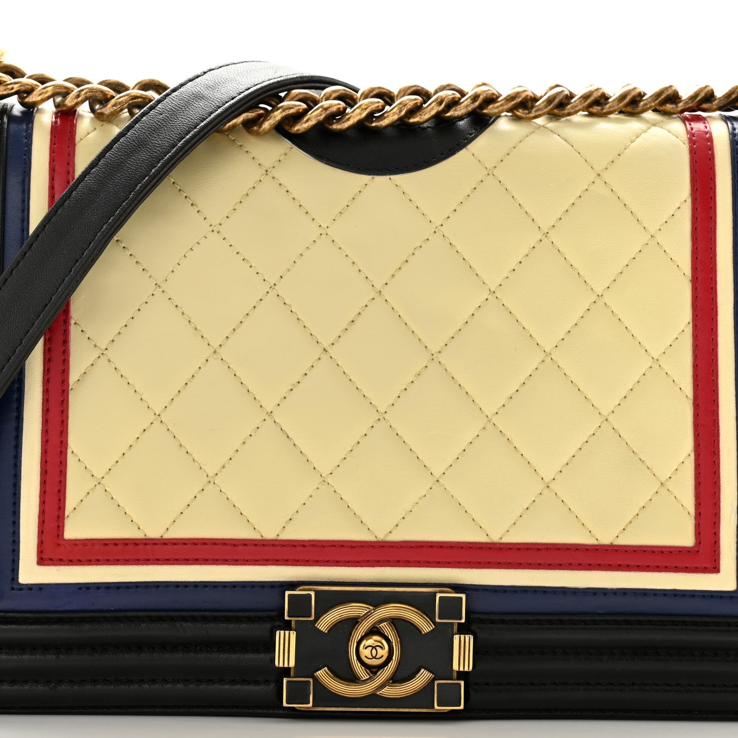 Lambskin Quilted Crest Embellished New Medium Boy Flap Black White Blue
