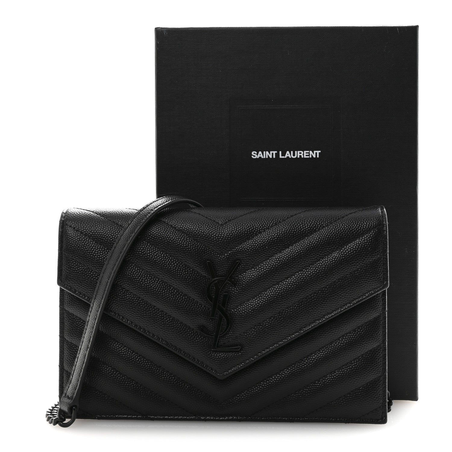 Grain De Poudre Matelasse Chevron Monogram Monochrome Envelope Chain Wallet Black