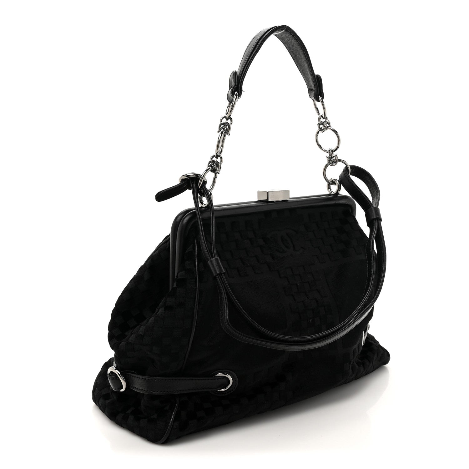 Velvet Checkered Kiss Lock Shoulder Bag Black