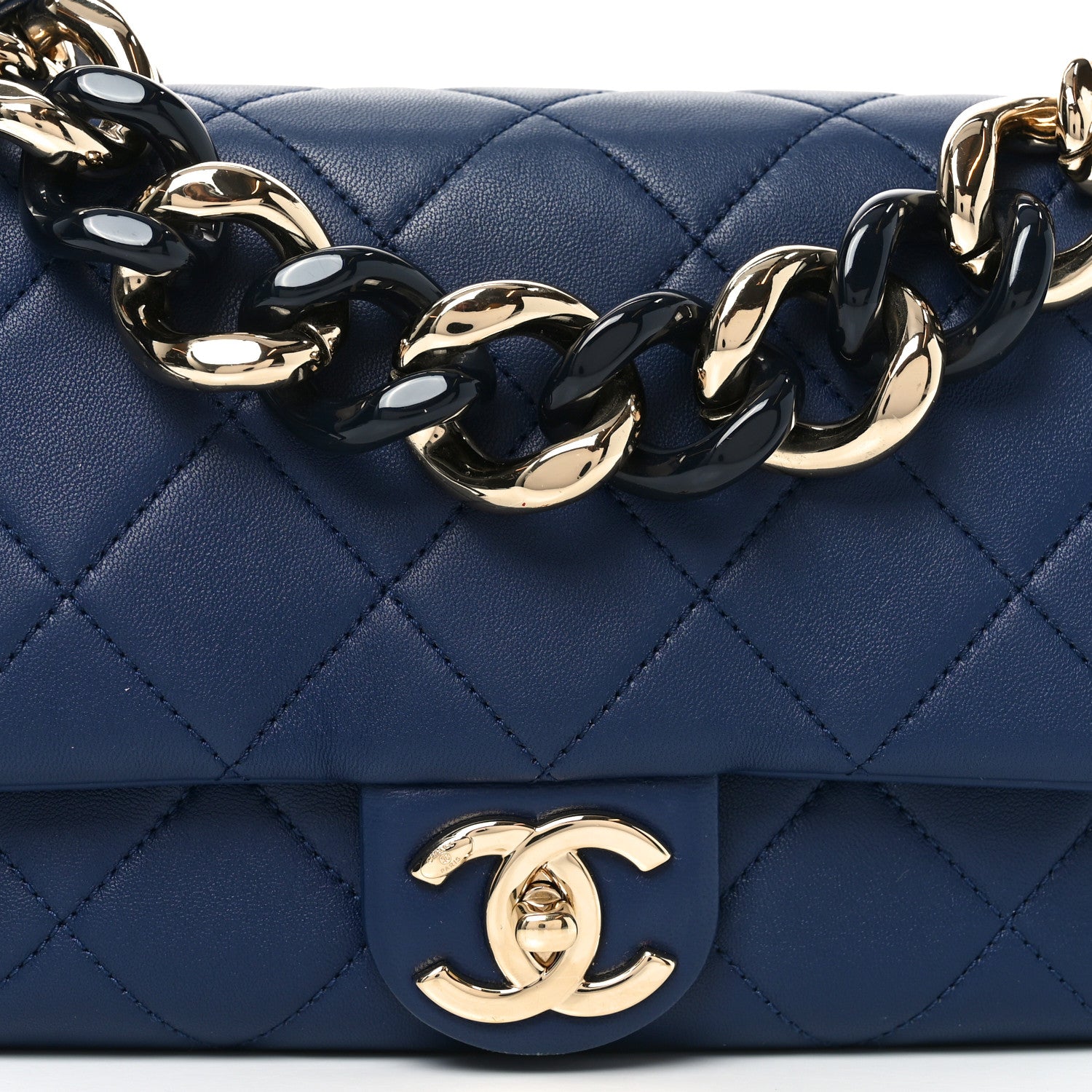 Lambskin Quilted Resin Bi-Color Chain Flap Bag Navy