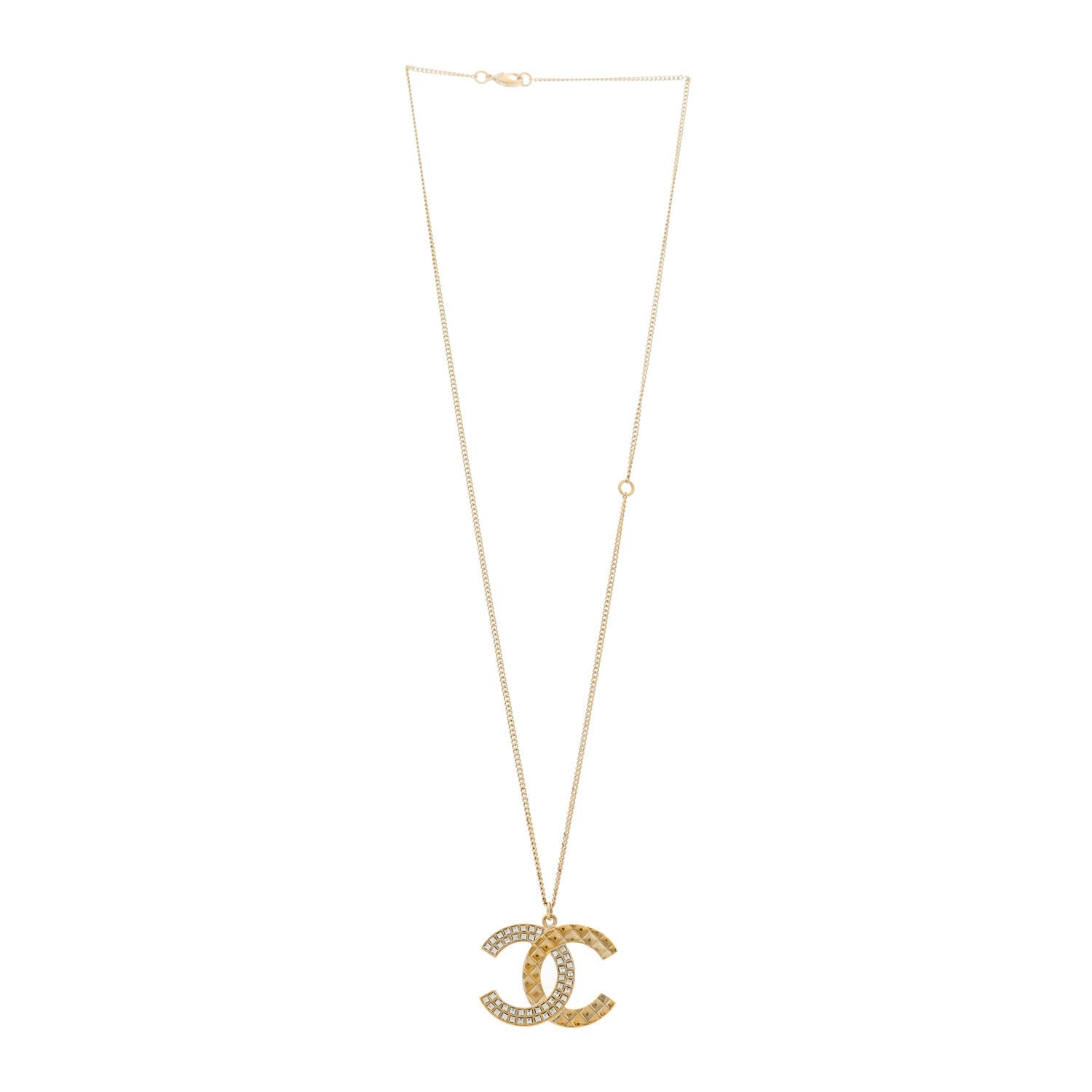 Crystal Metal Quilted CC Pendant Necklace Gold