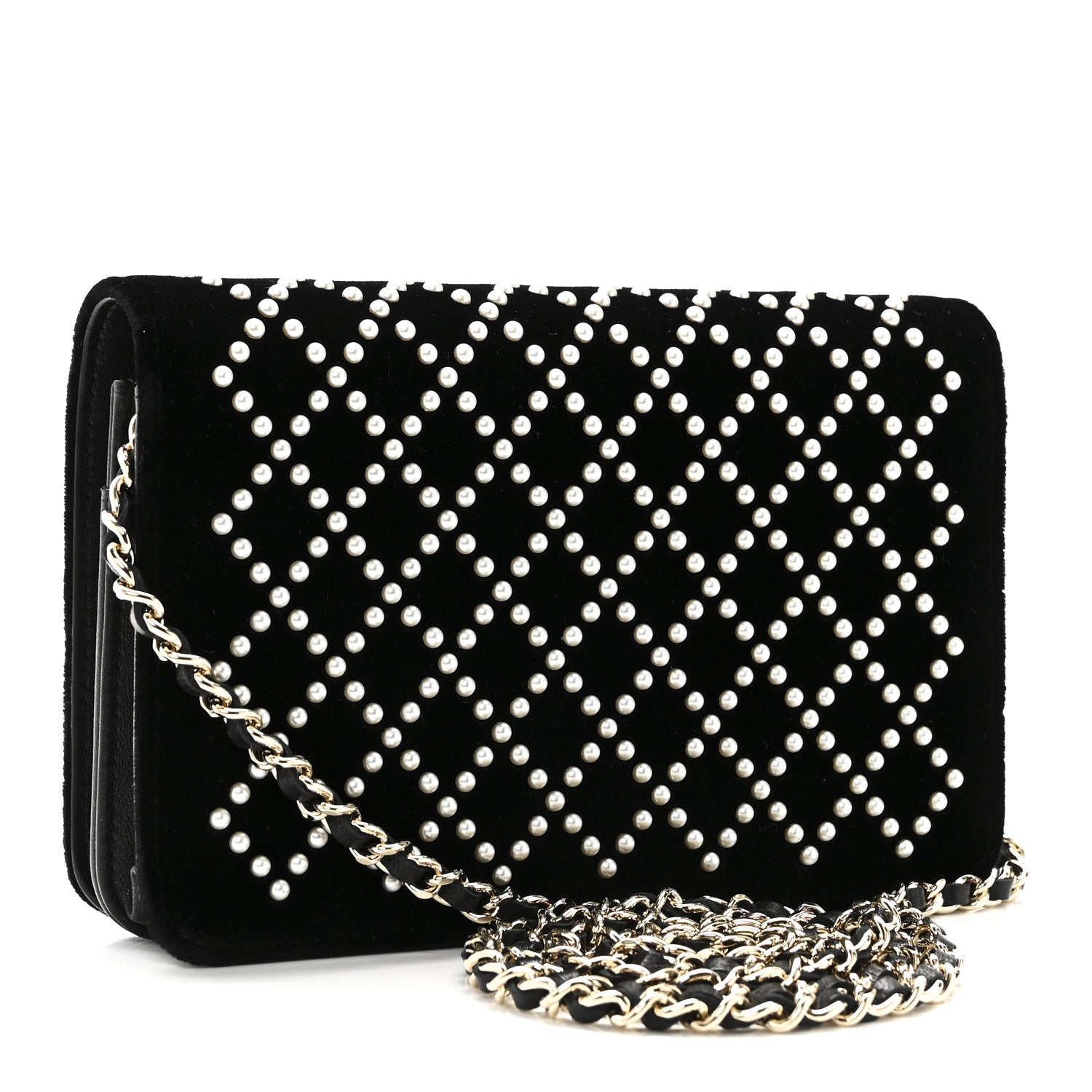 Velvet Pearl Diamond Embellished Wallet On Chain WOC Black