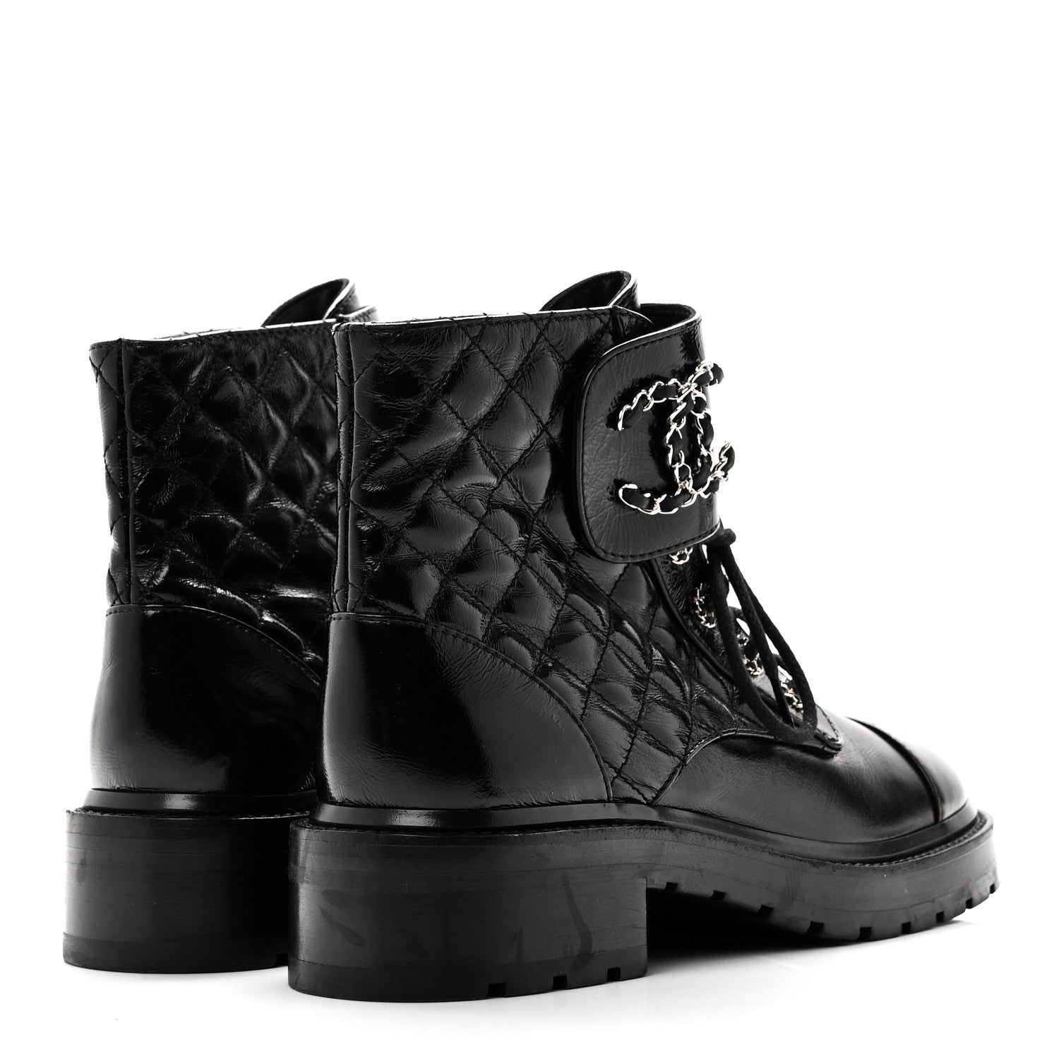 Shiny Lambskin Quilted Lace Up Combat Boots 38.5 Black