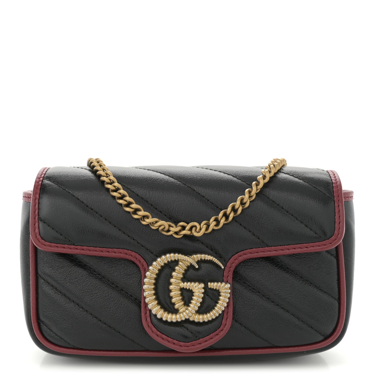 Vintage Effect Calfskin Matelasse Diagonal Super Mini Torchon GG Marmont Shoulder Bag Black Romantic Cherry