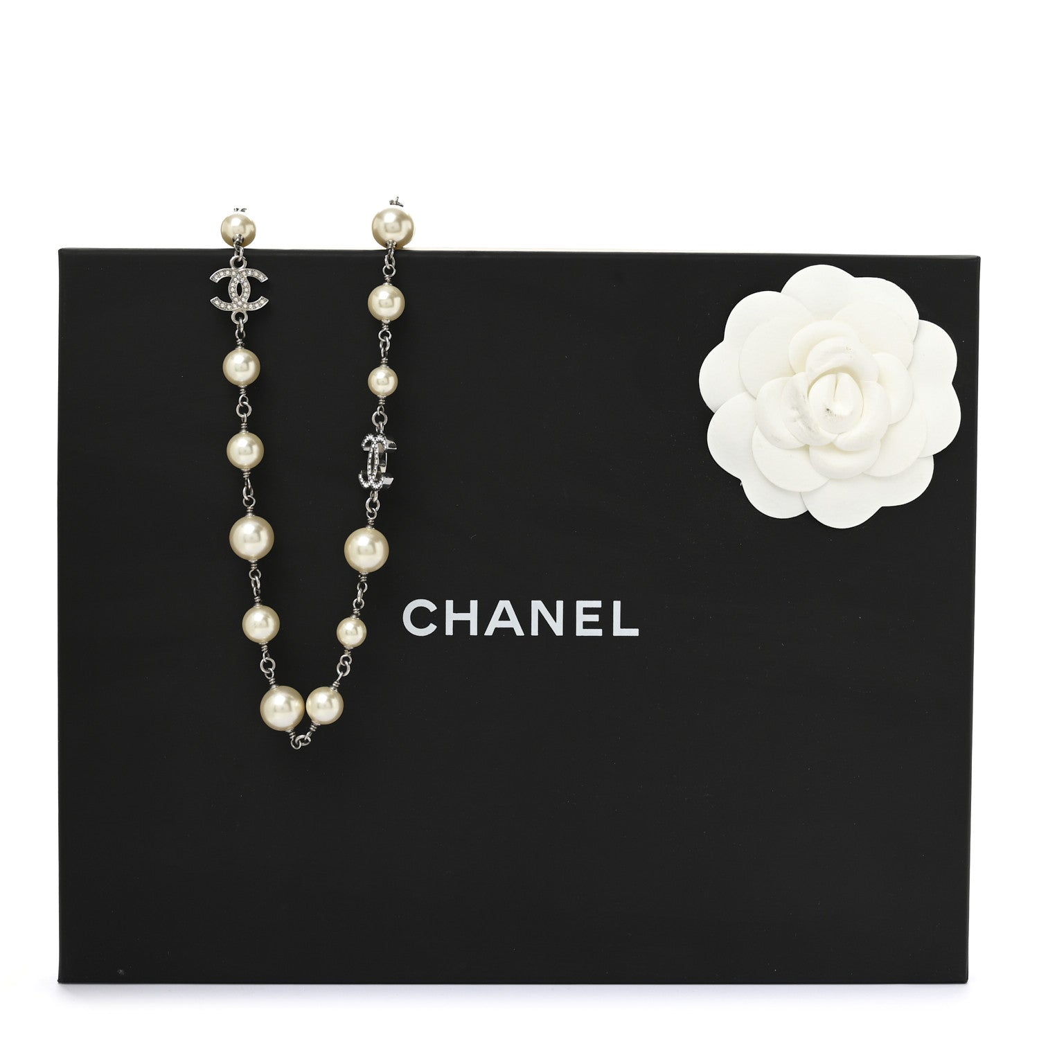 Graduated Pearl Crystal CC Long Necklace Silver