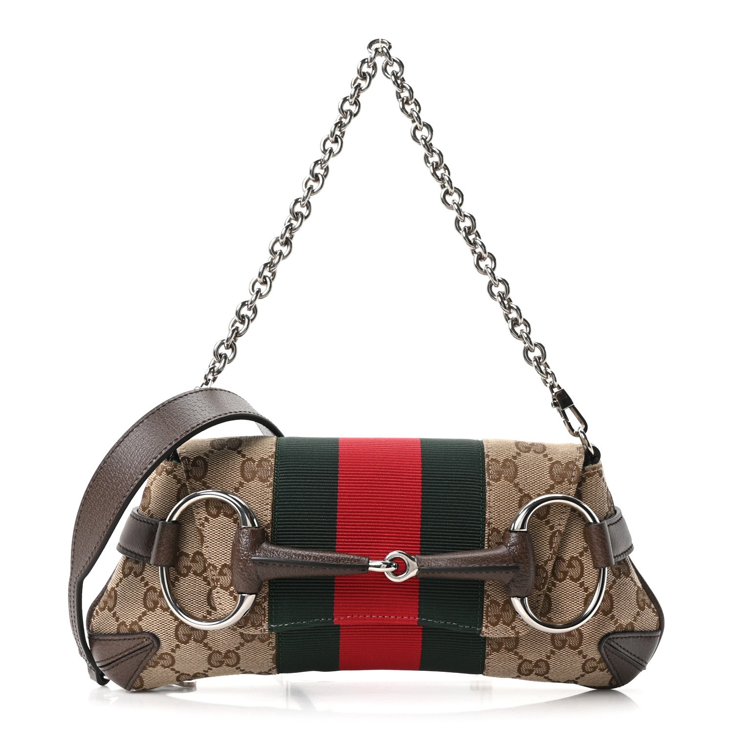 Monogram Textured Dollar Calfskin Heavy Grosgrain Web Small Maxi Horsebit Chain Shoulder Bag Beige Ebony New Acero