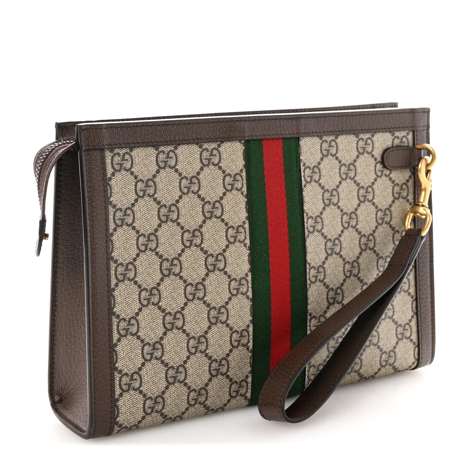 GG Supreme Monogram Textured Dollar Calfskin Web Small Ophidia Wristlet Pouch Beige Ebony New Acero