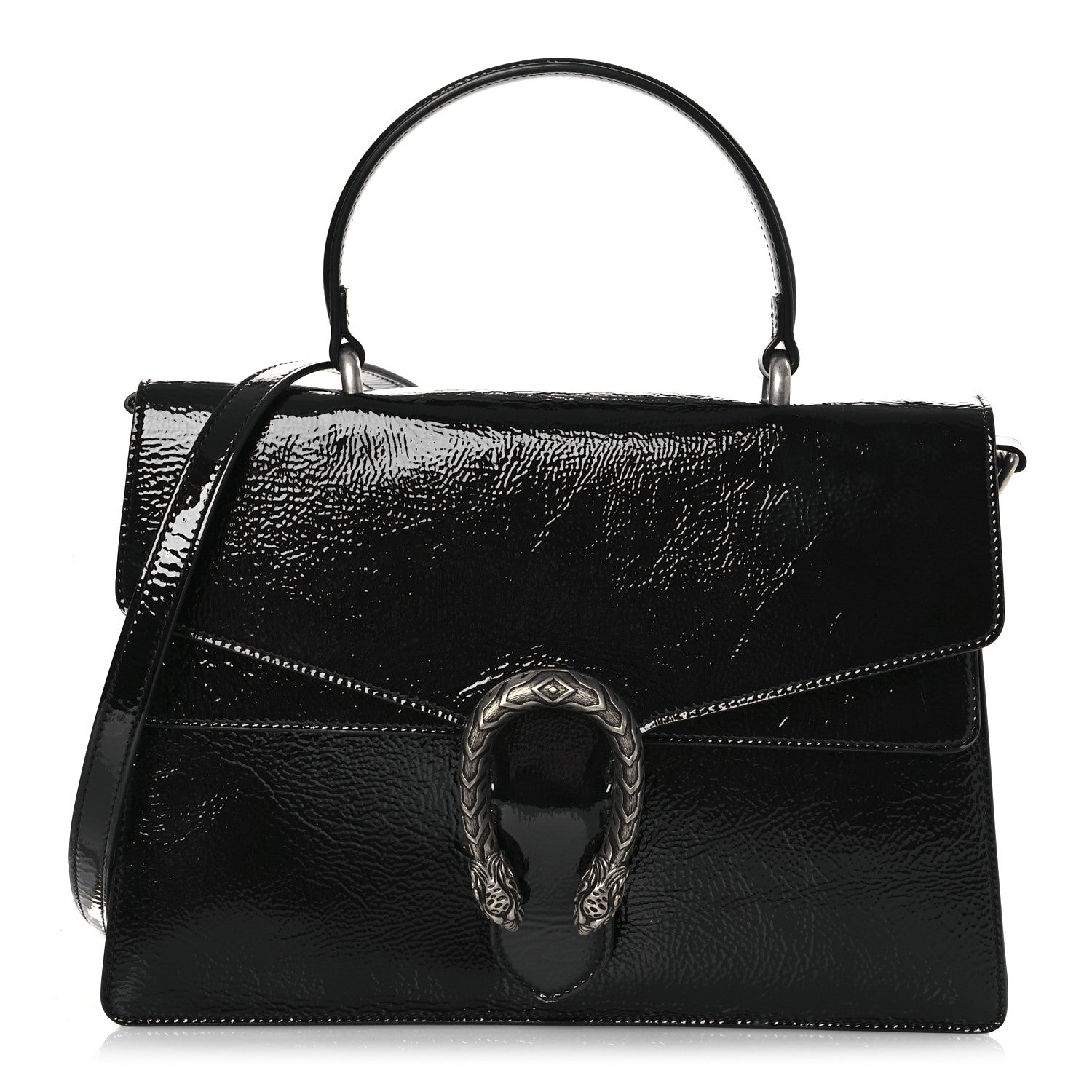 Crinkled Patent Medium Dionysus Top Handle Bag Black