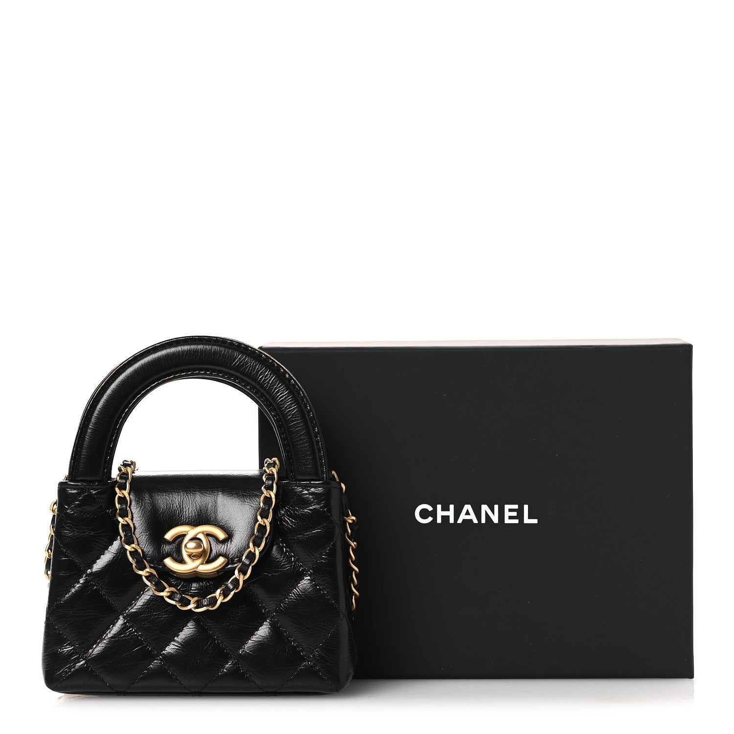 Shiny Aged Calfskin Quilted Mini Nano Kelly Shopper Black