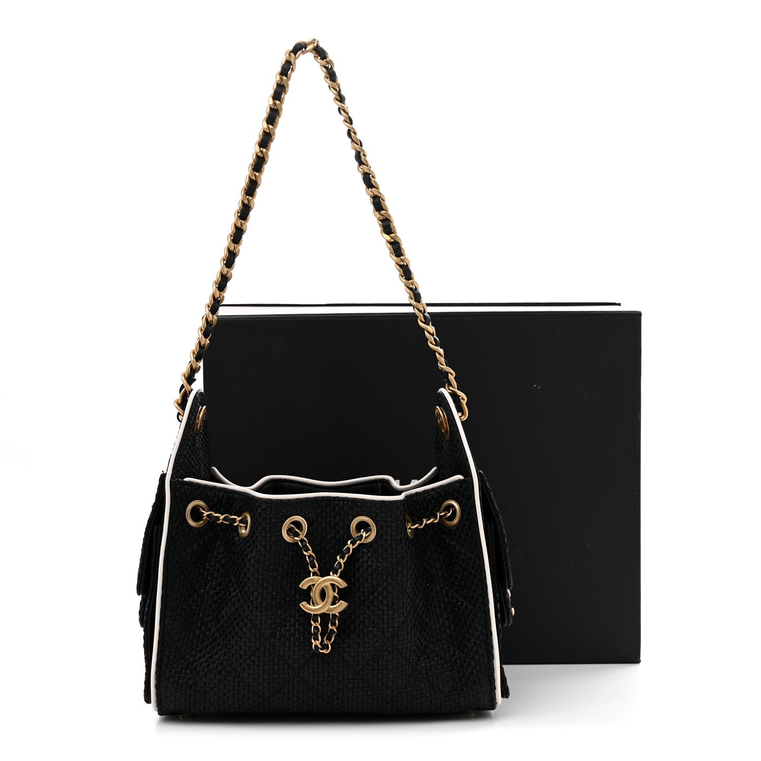 Braided Raffia Calfskin Mini Chanel 25 Handbag Black White