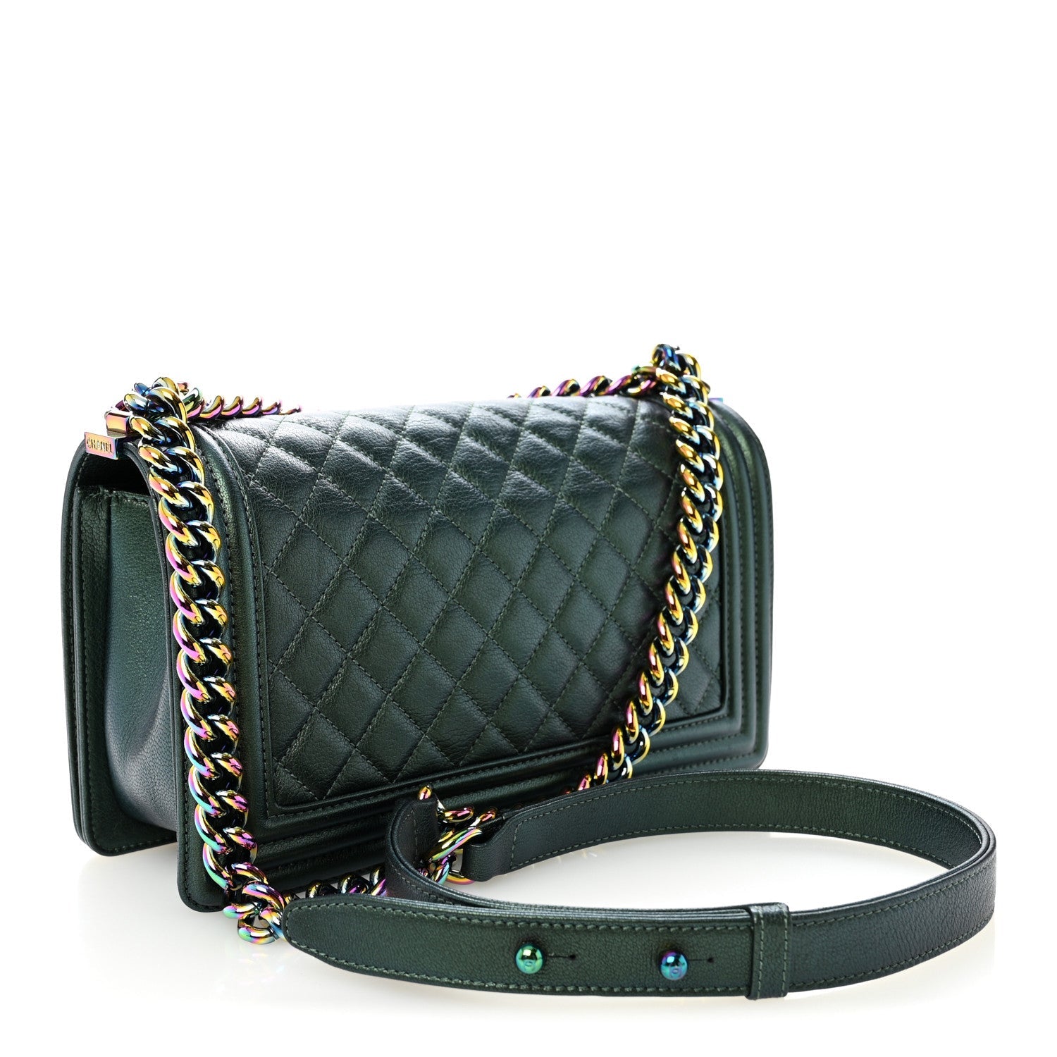 Iridescent Goatskin Quilted Medium Boy Flap Green