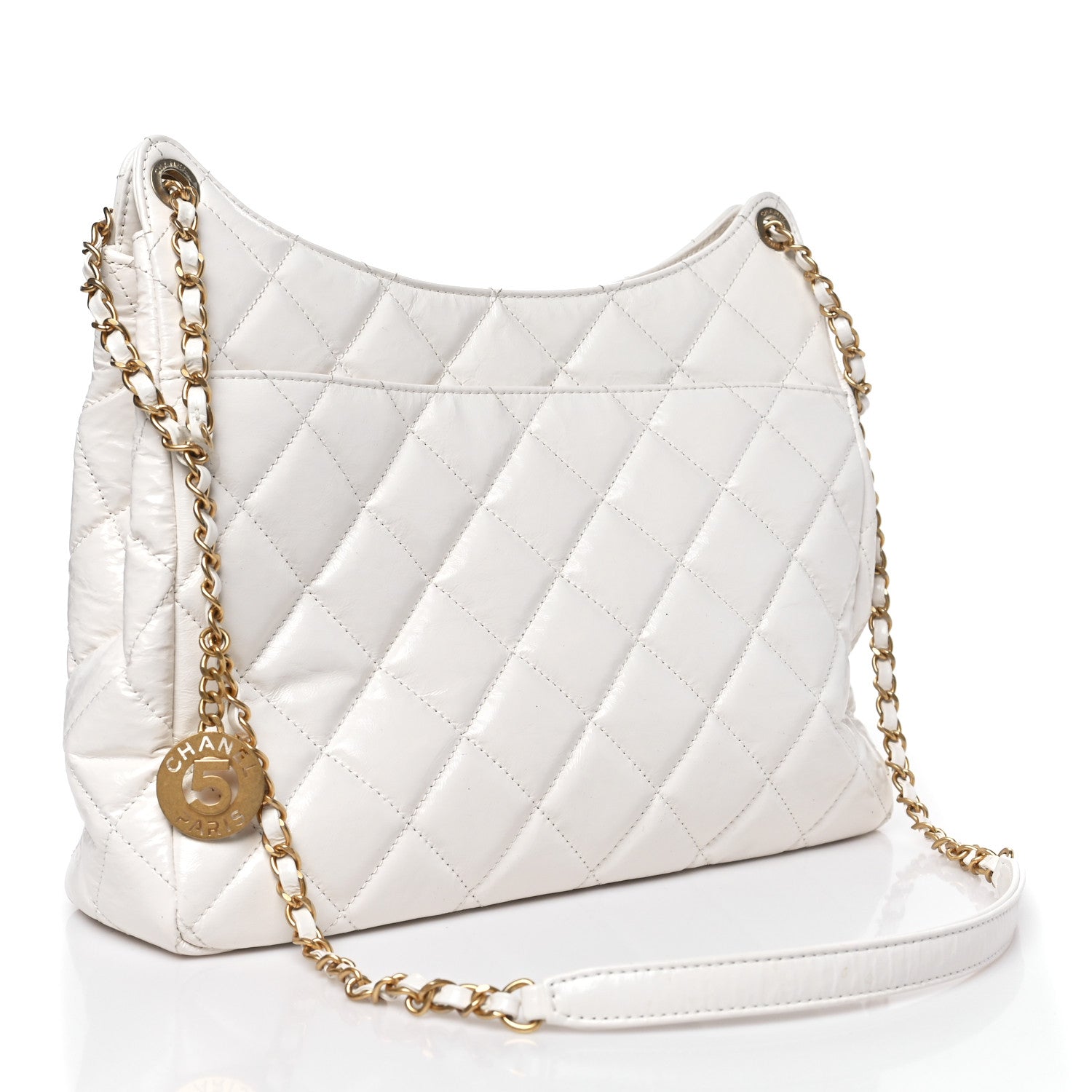 Shiny Crumpled Calfskin Quilted Large Wavy CC Hobo White