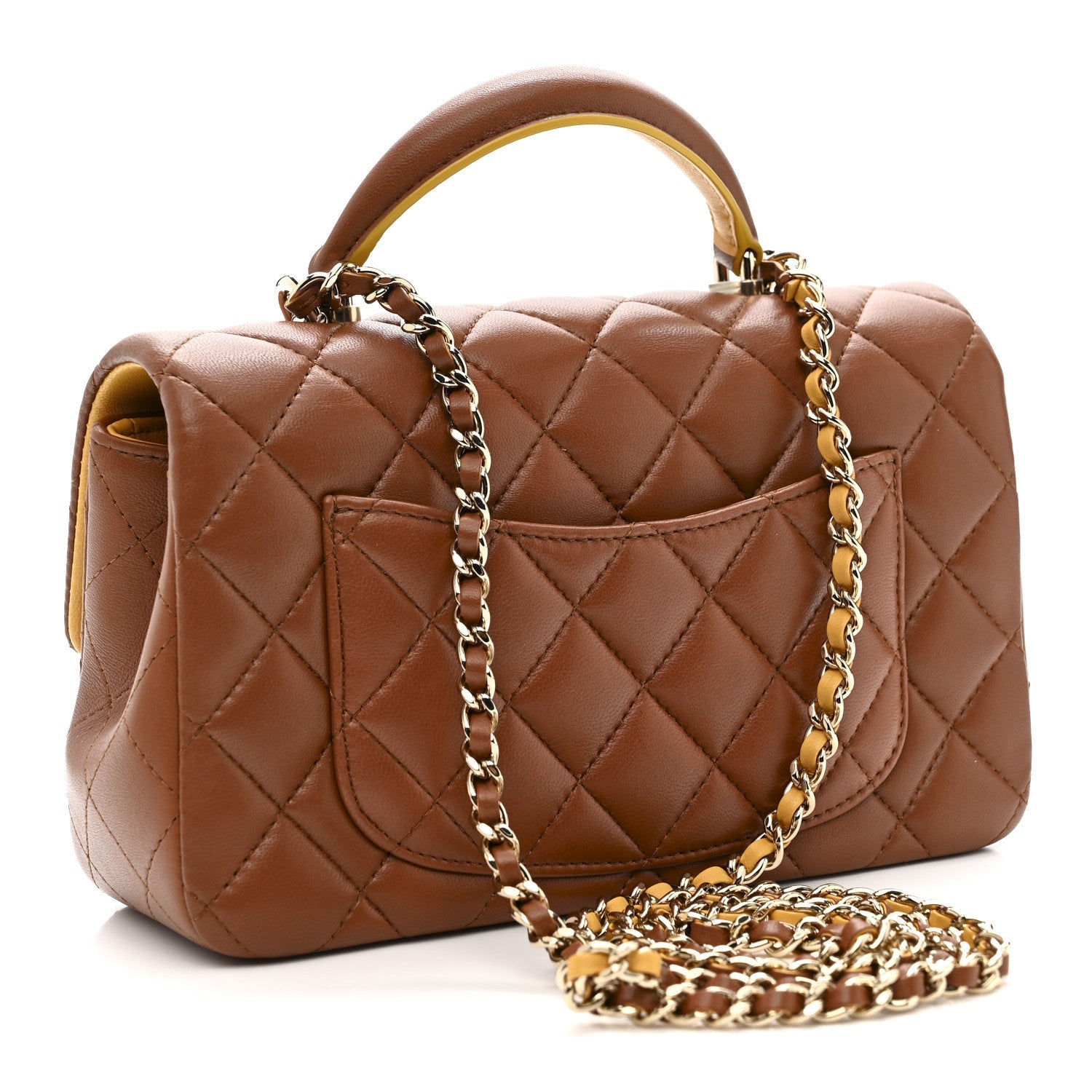 Lambskin Quilted Bi-Color Mini Top Handle Rectangular Flap Light Brown Yellow