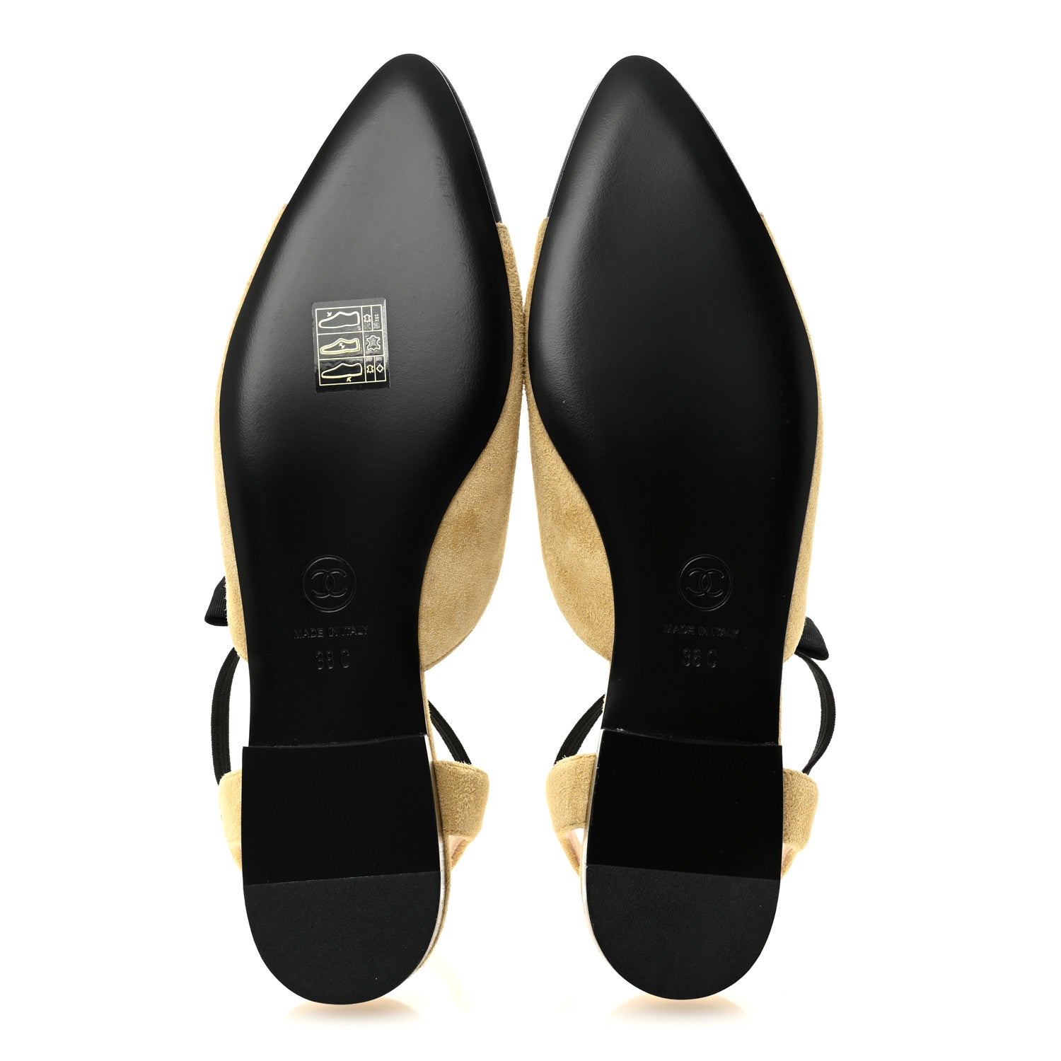 Suede Grosgrain Bow Cap Toe CC Slingback Flats 38 Beige Black