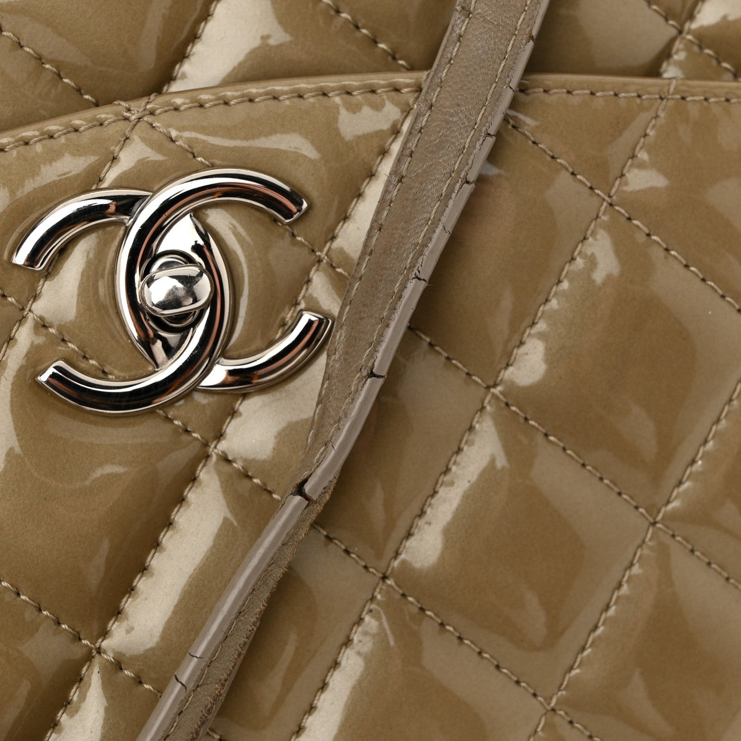 Patent Quilted Accordion Shopping Tote Beige